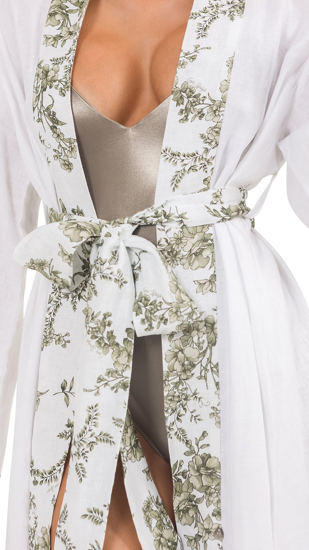 White Olive Linen Long Kimono with Flowery Belt