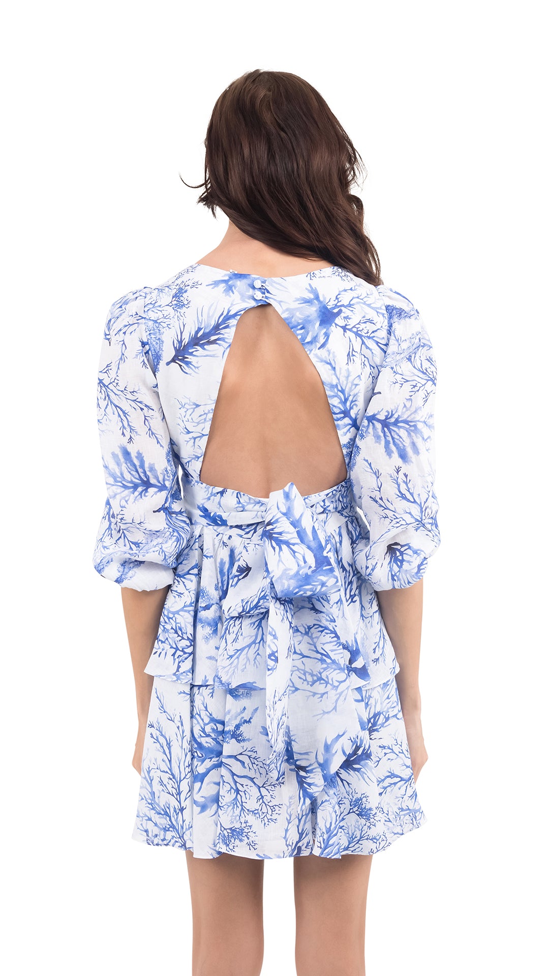 Blue Coral Linen Long Sleeve Short Dress