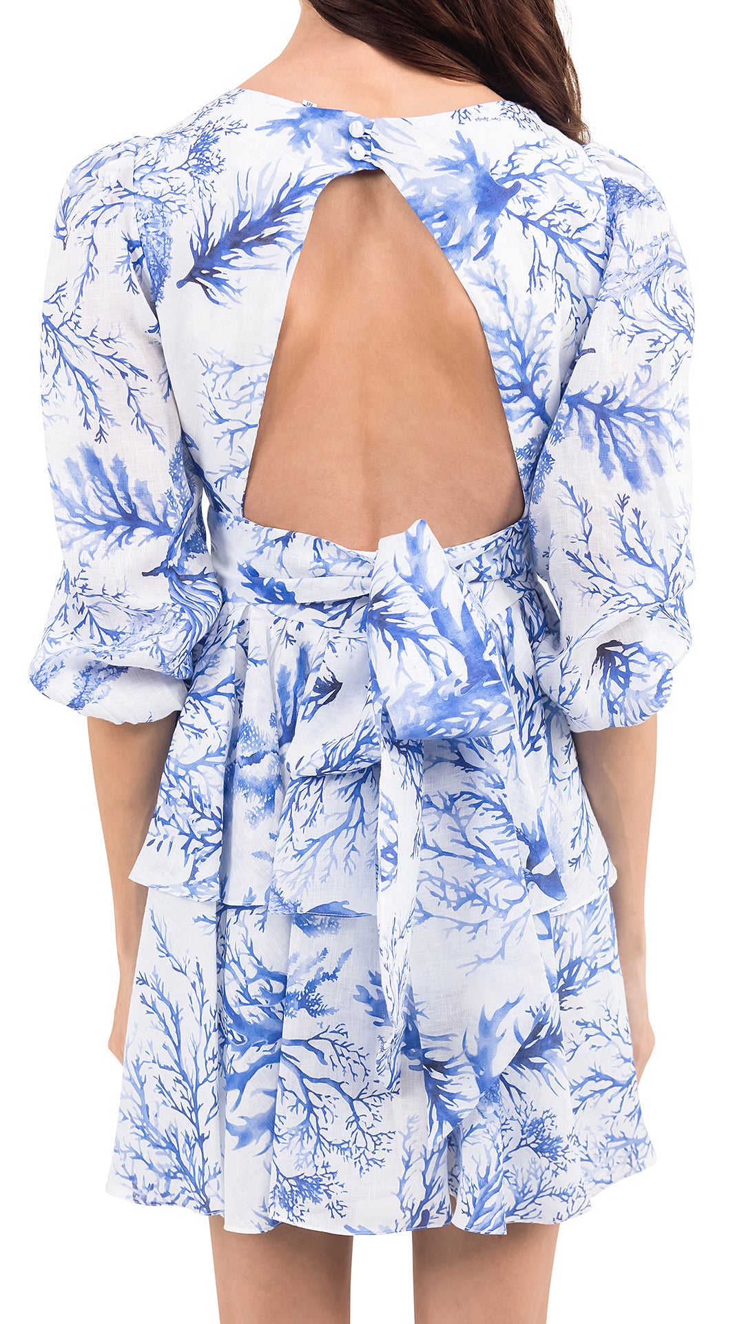 Blue Coral Linen Long Sleeve Short Dress