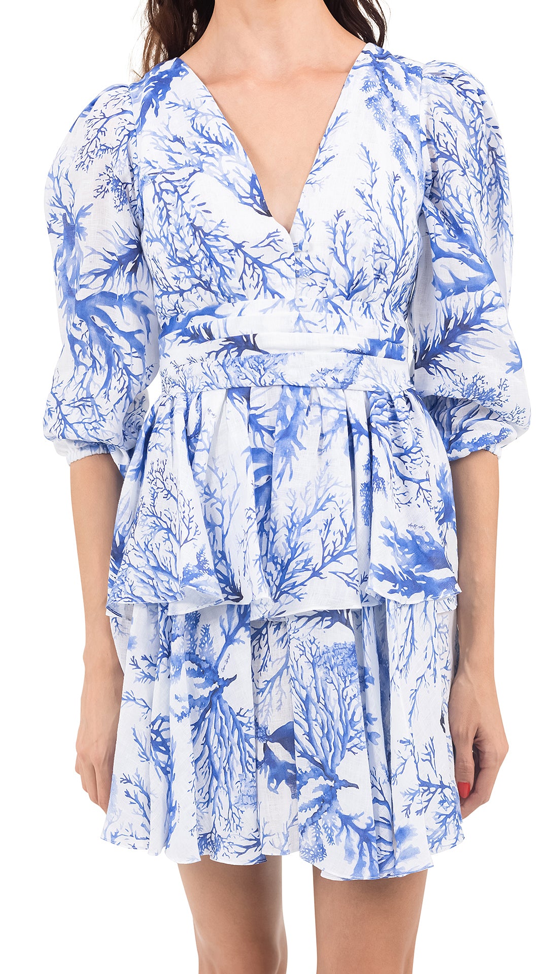Blue Coral Linen Long Sleeve Short Dress