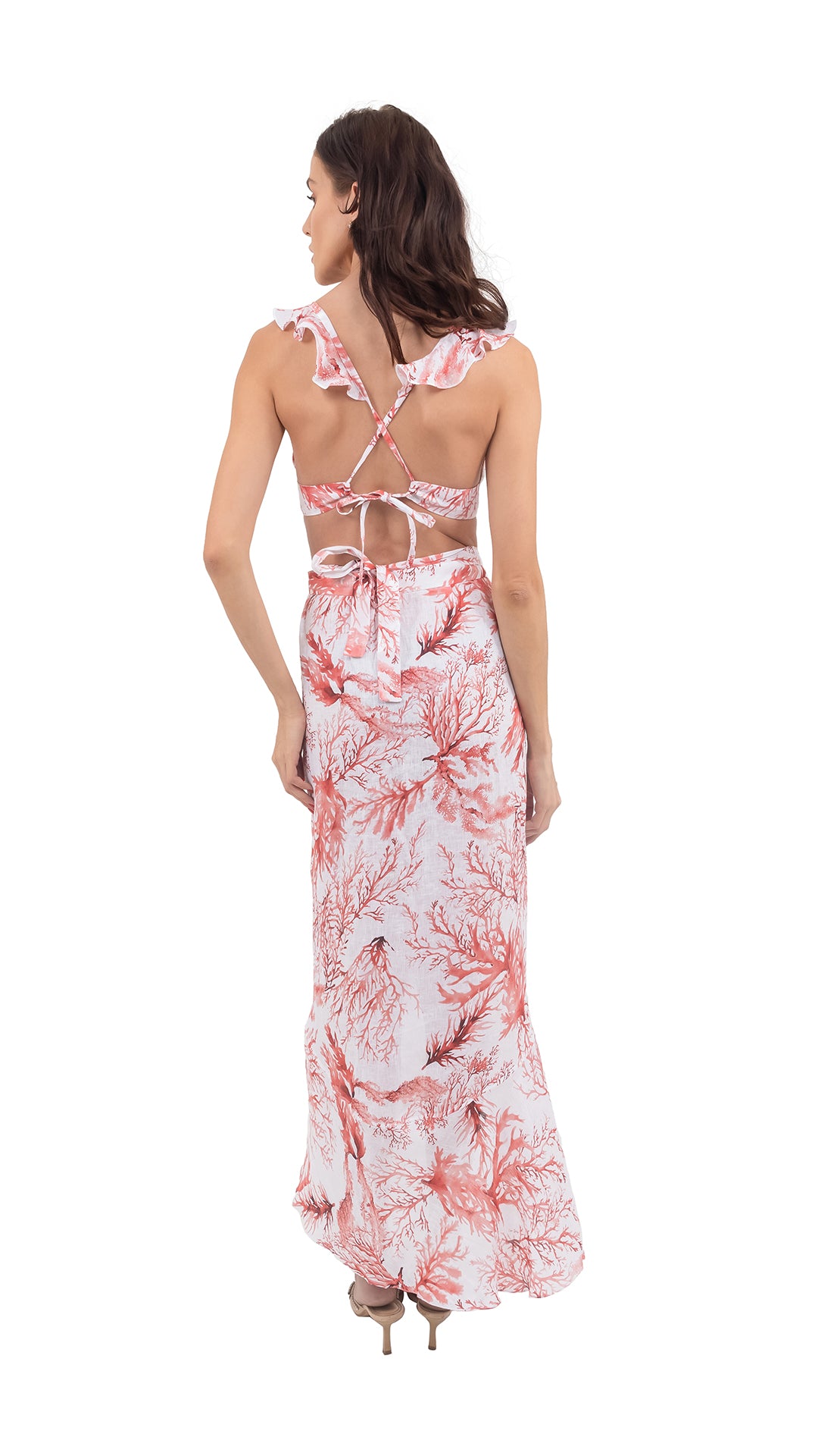 Red Coral Reef Print Blouse, Ruffles, Criss-Cross Back, Tie