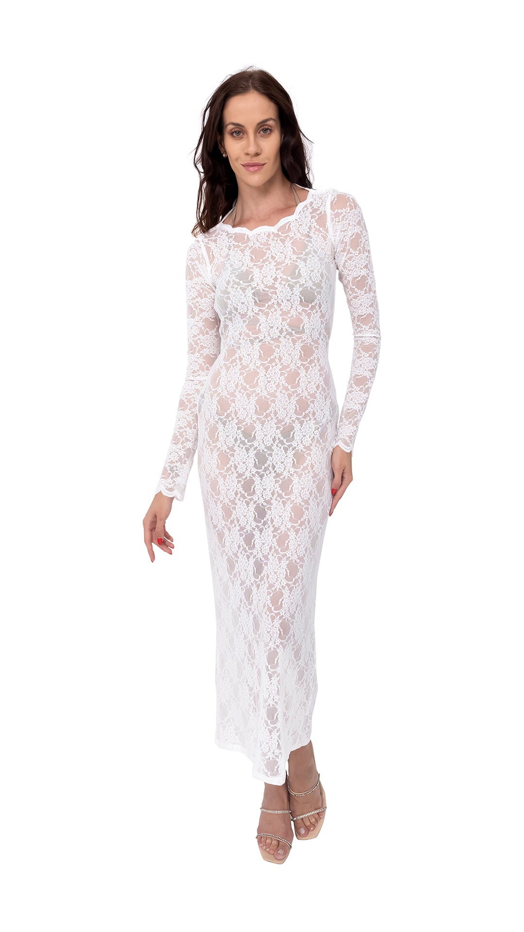White Open Back Long Lace Dress