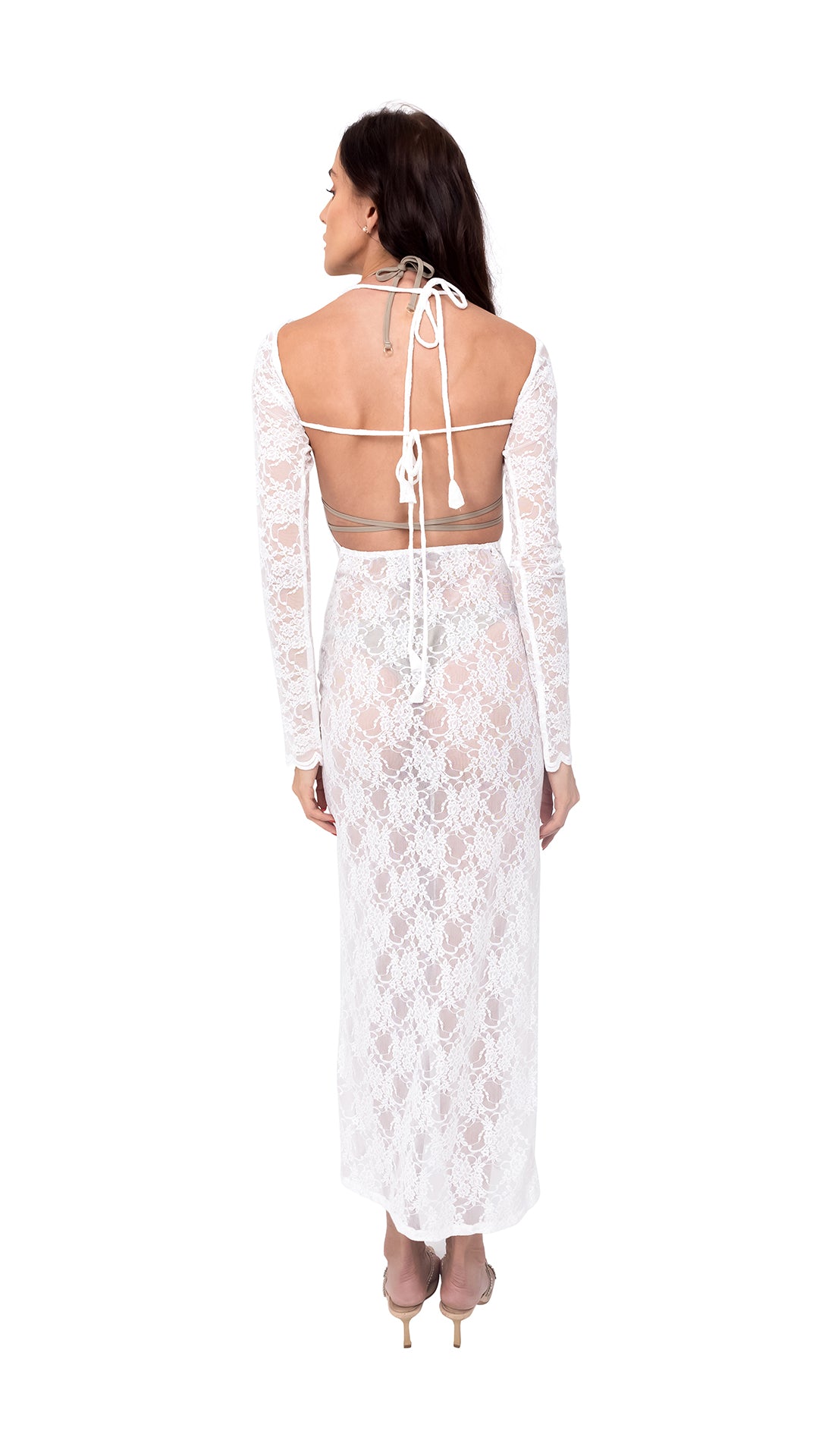 White Open Back Long Lace Dress