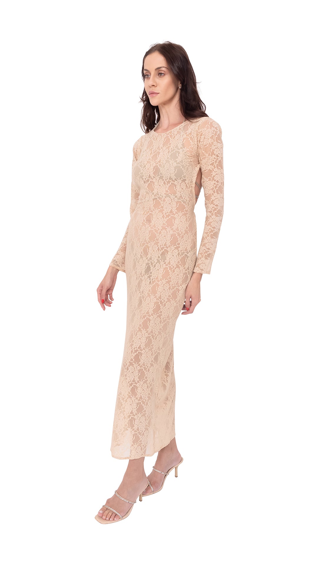 Beige Open Back Long Lace Dress