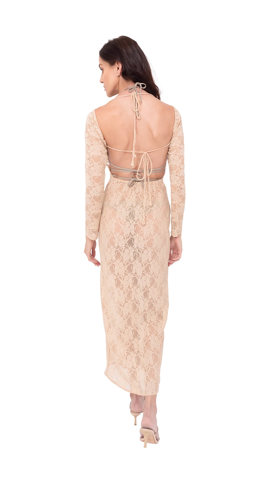 Beige Open Back Long Lace Dress