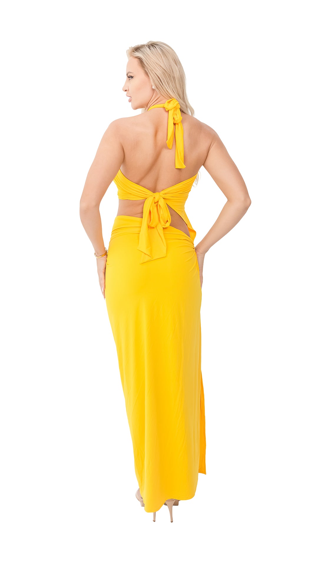 Yellow Criss Cross Front Cold Shoulder Dress with Ring