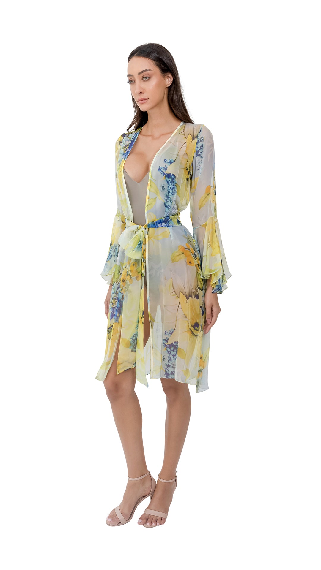 Lime Green Flower Short Chiffon Robe with Long Sleeves