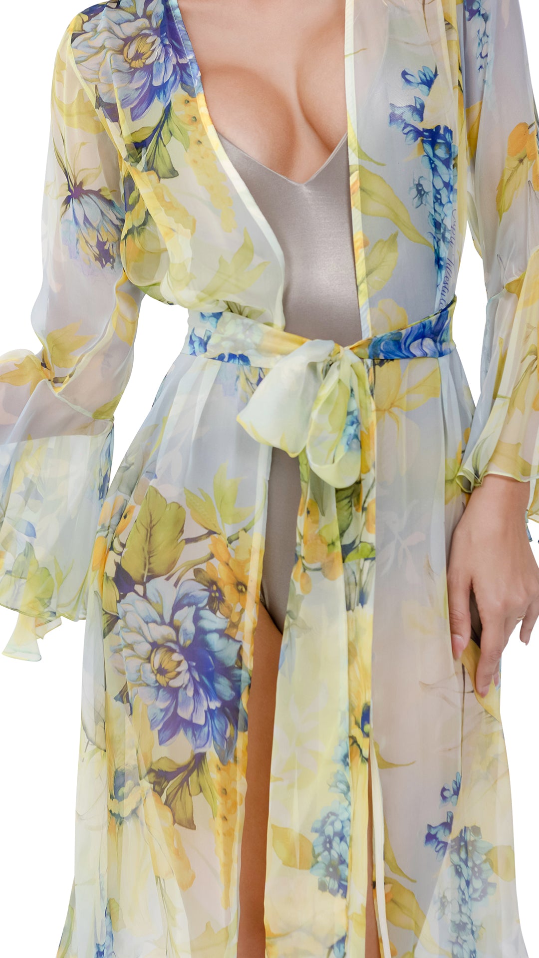 Lime Green Flower Short Chiffon Robe with Long Sleeves