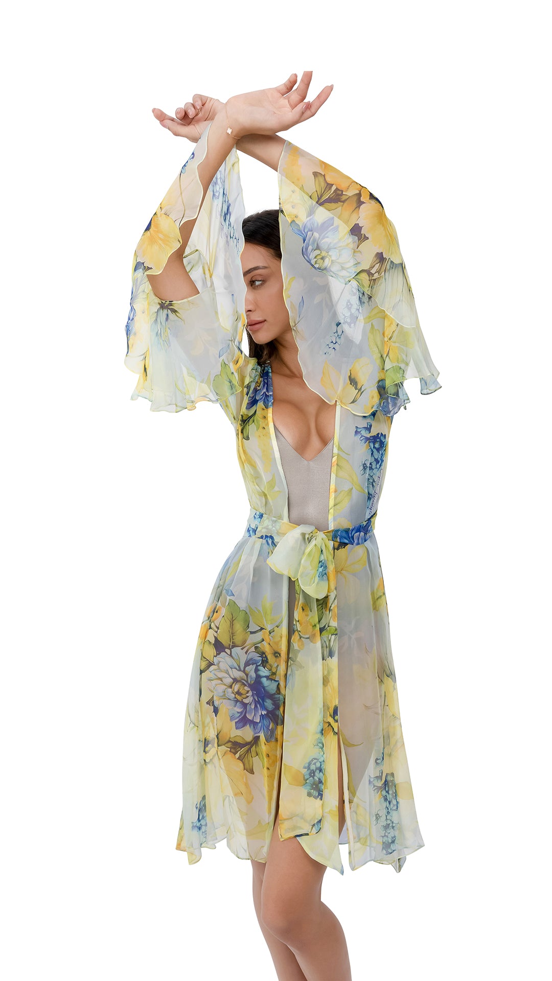 Lime Green Flower Short Chiffon Robe with Long Sleeves