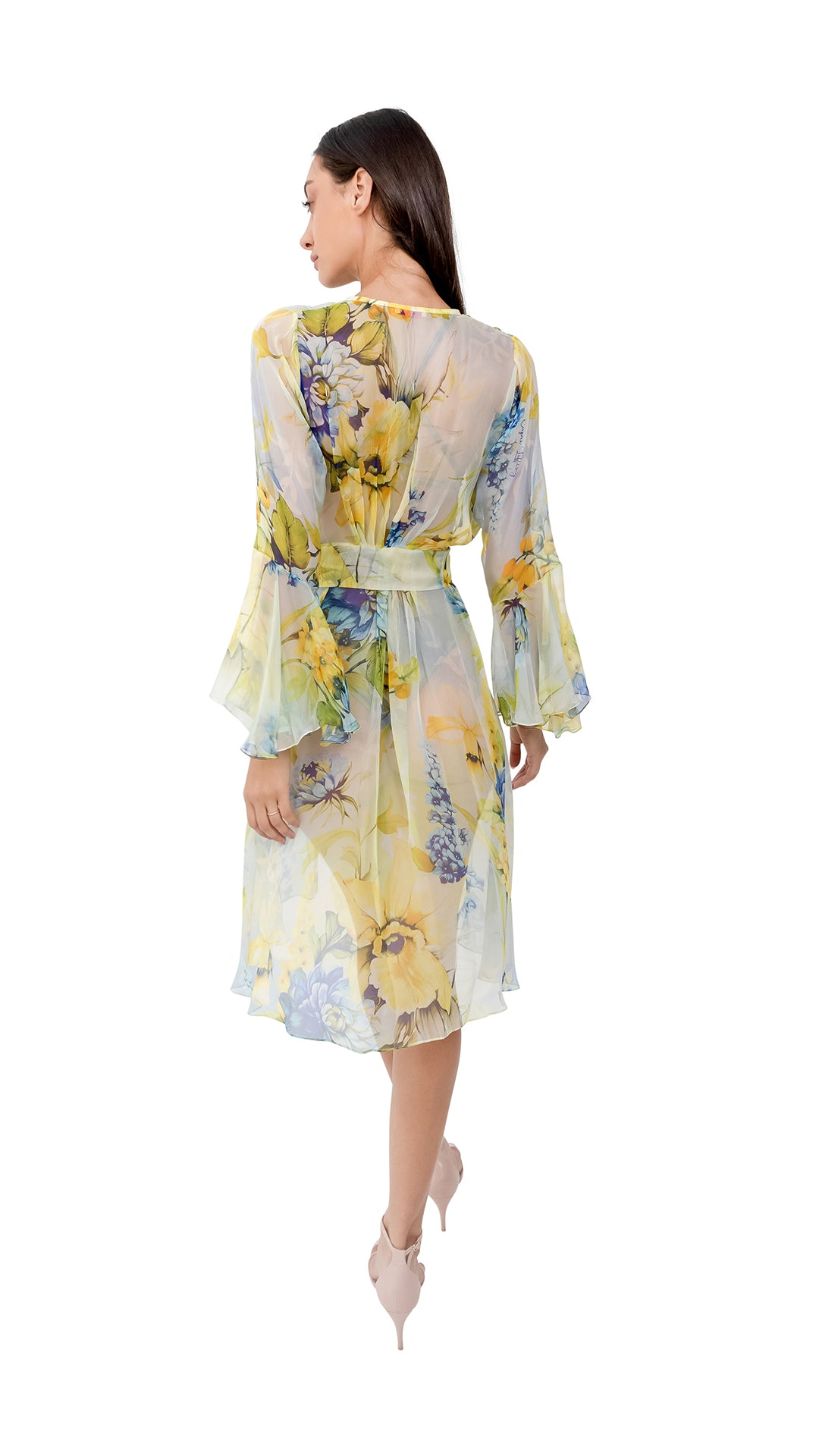 Lime Green Flower Short Chiffon Robe with Long Sleeves