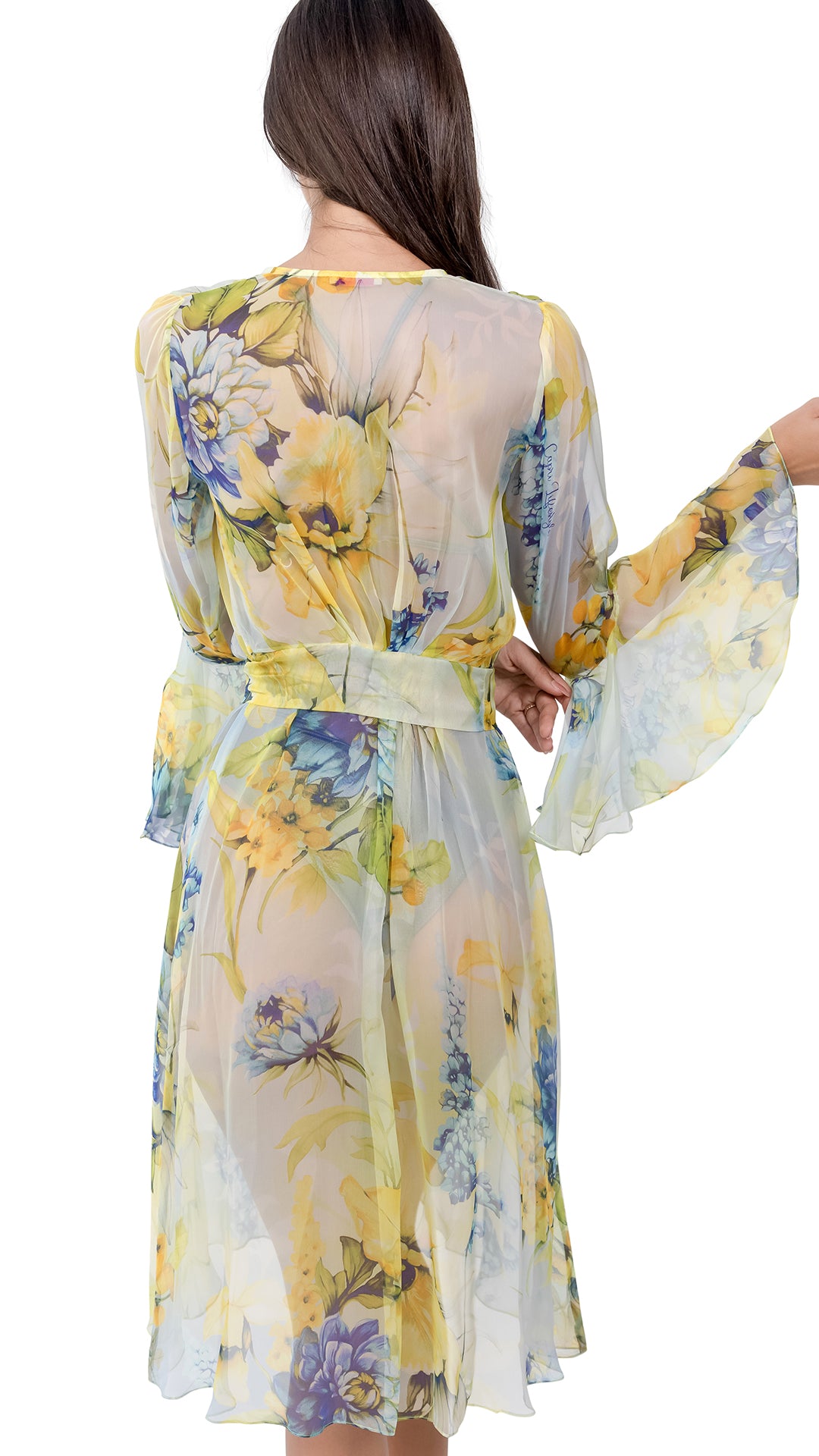 Lime Green Flower Short Chiffon Robe with Long Sleeves