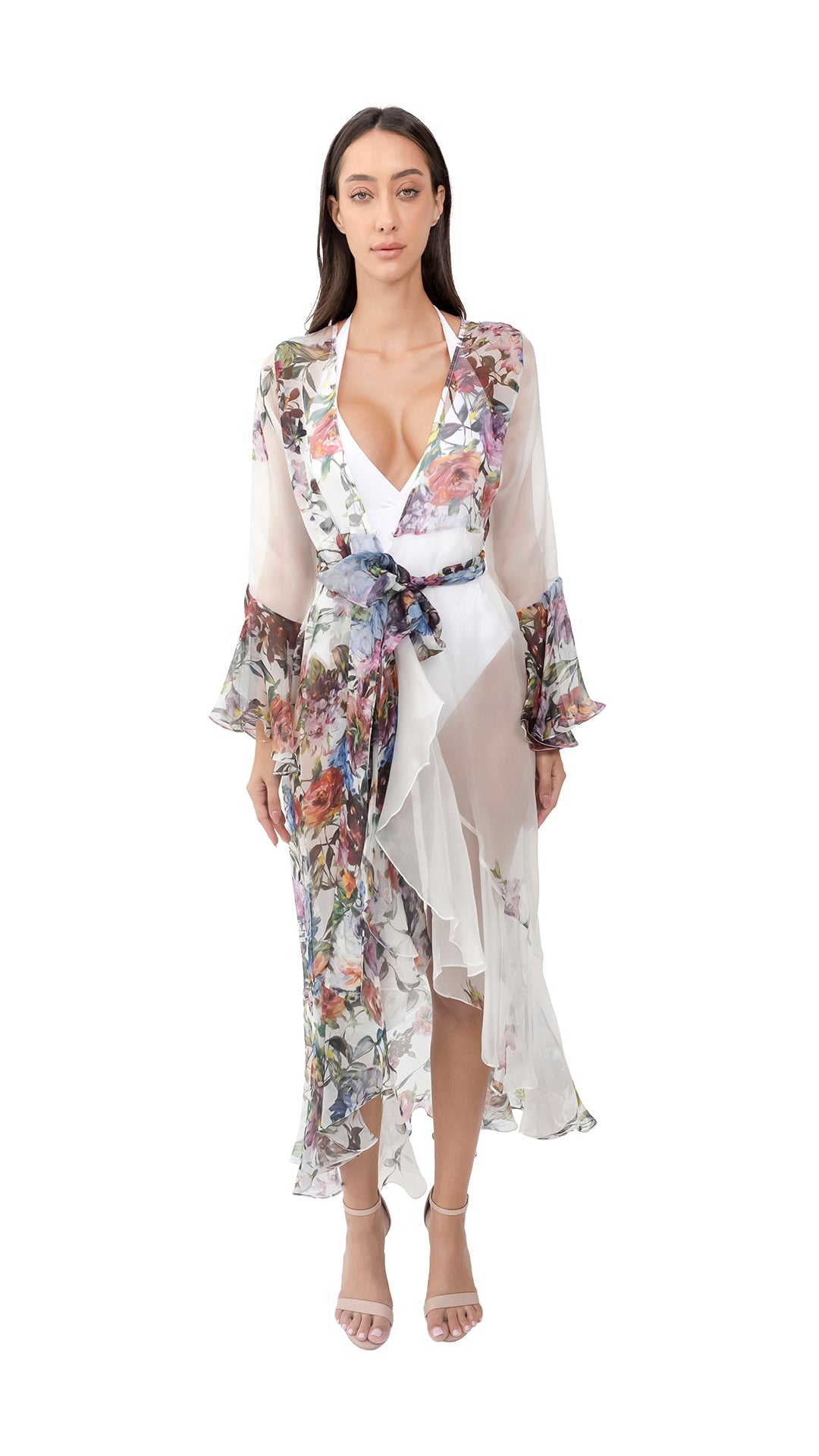 White Flower Organza Long Robe with Long Sleeves