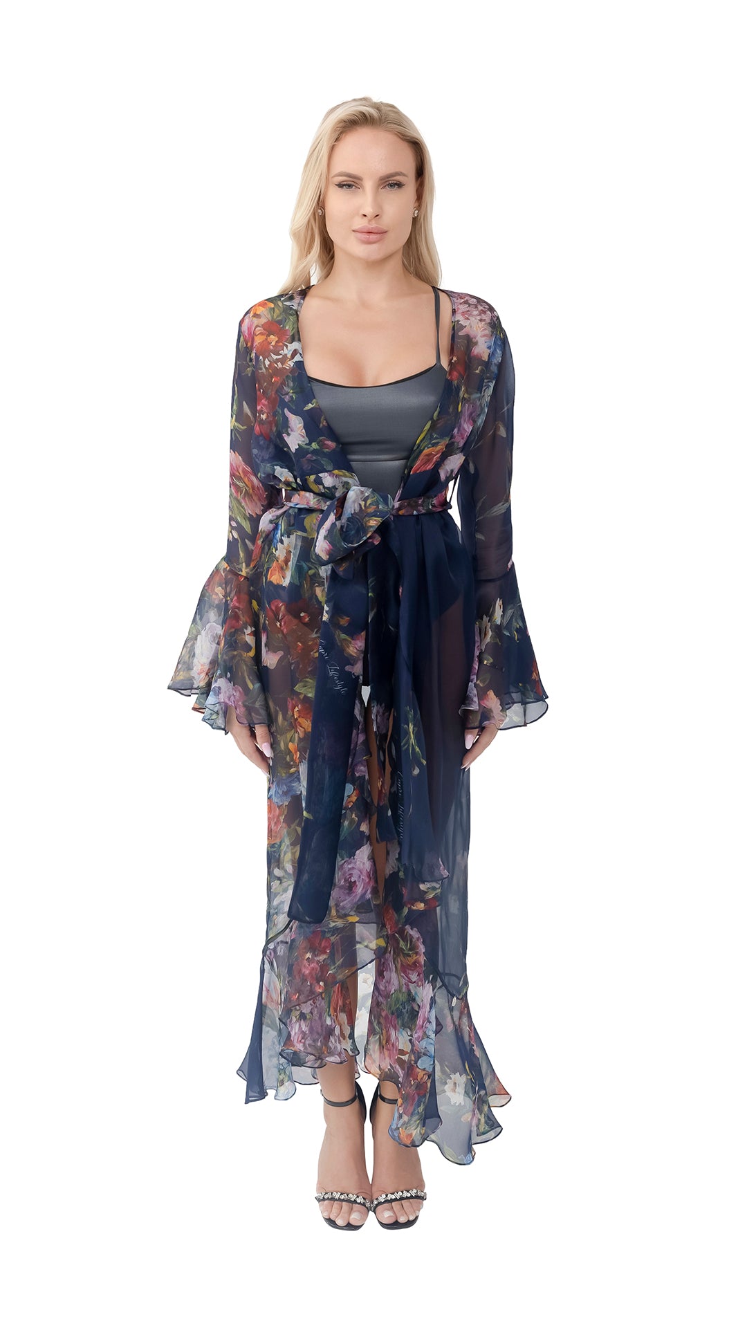 Navy Flower Organza Long Robe with Long Sleeves