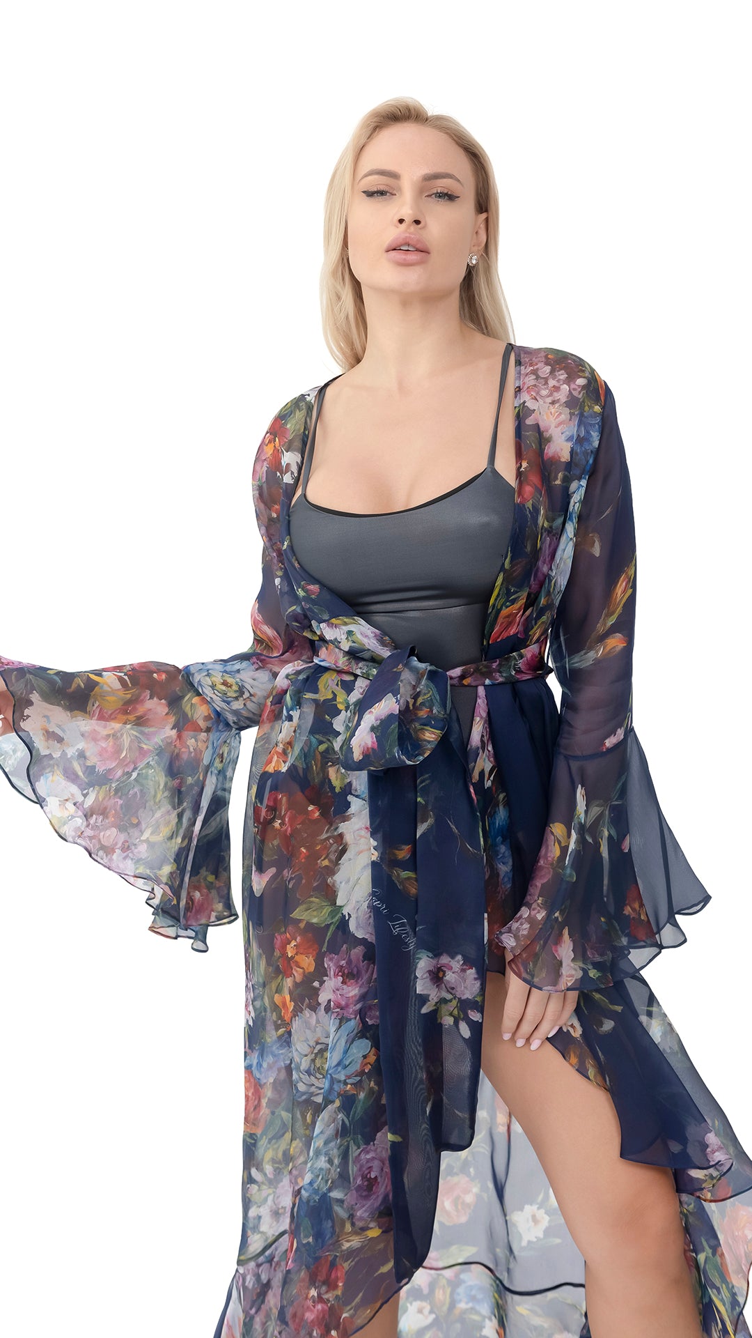 Navy Flower Organza Long Robe with Long Sleeves