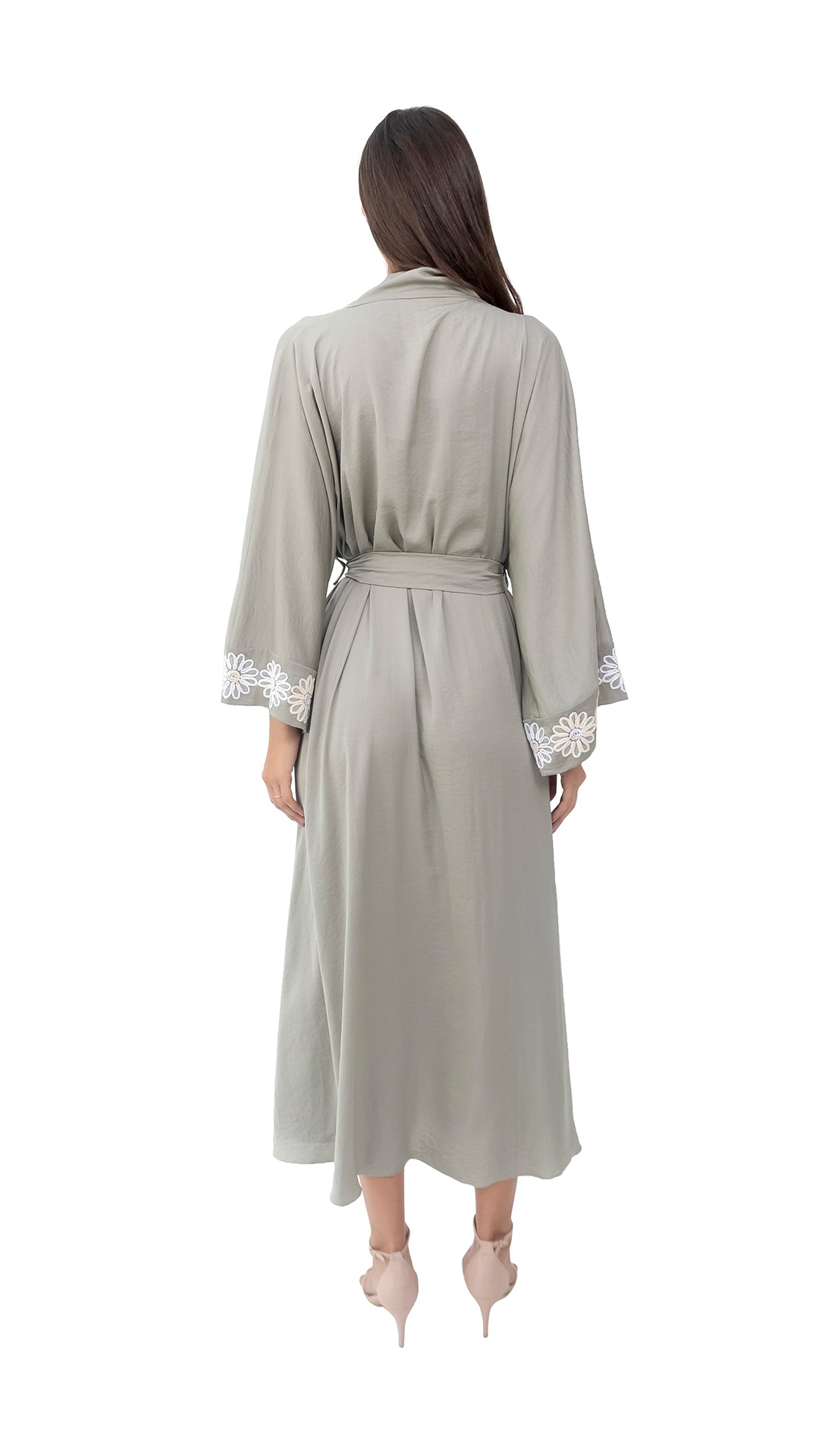 Olive Green Crepe Kimono Robe with Flower Details