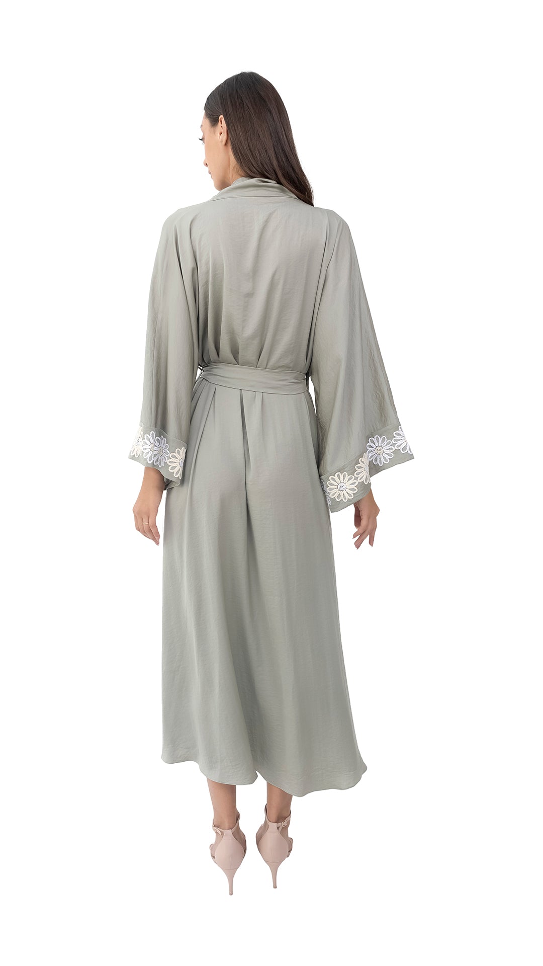 Olive Green Crepe Kimono Robe with Flower Details