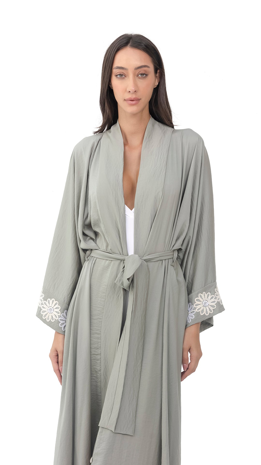Olive Green Crepe Kimono Robe with Flower Details