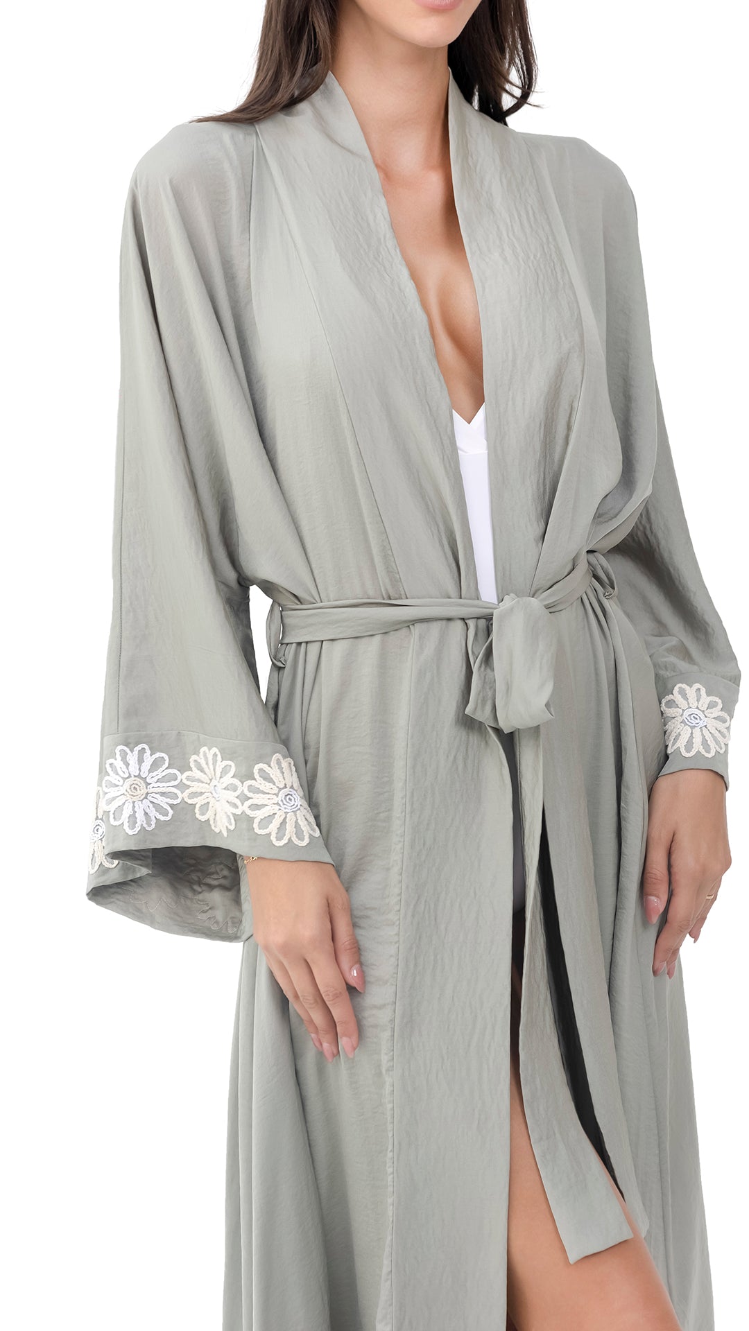 Olive Green Crepe Kimono Robe with Flower Details