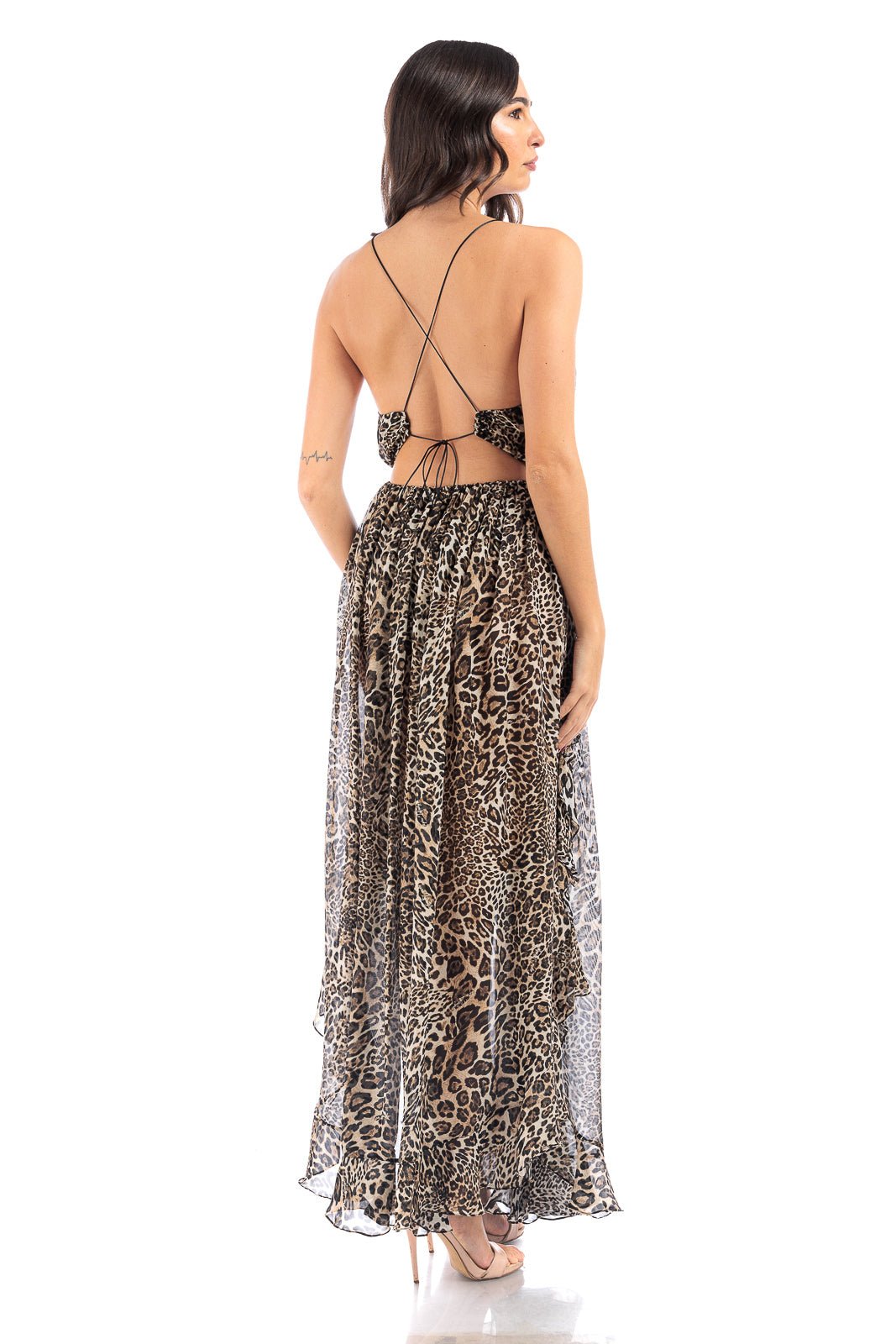 Animalier sexy hallow out V-Neck silk chiffon Long Maxy Dress