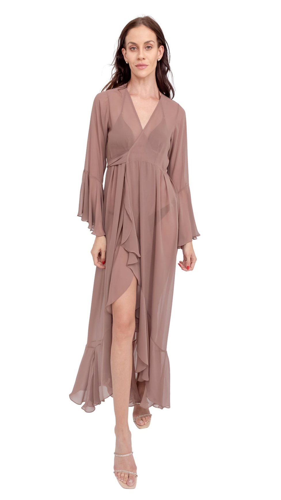 Beige Plain Long Chiffon Wrap Around Dress - Dresses