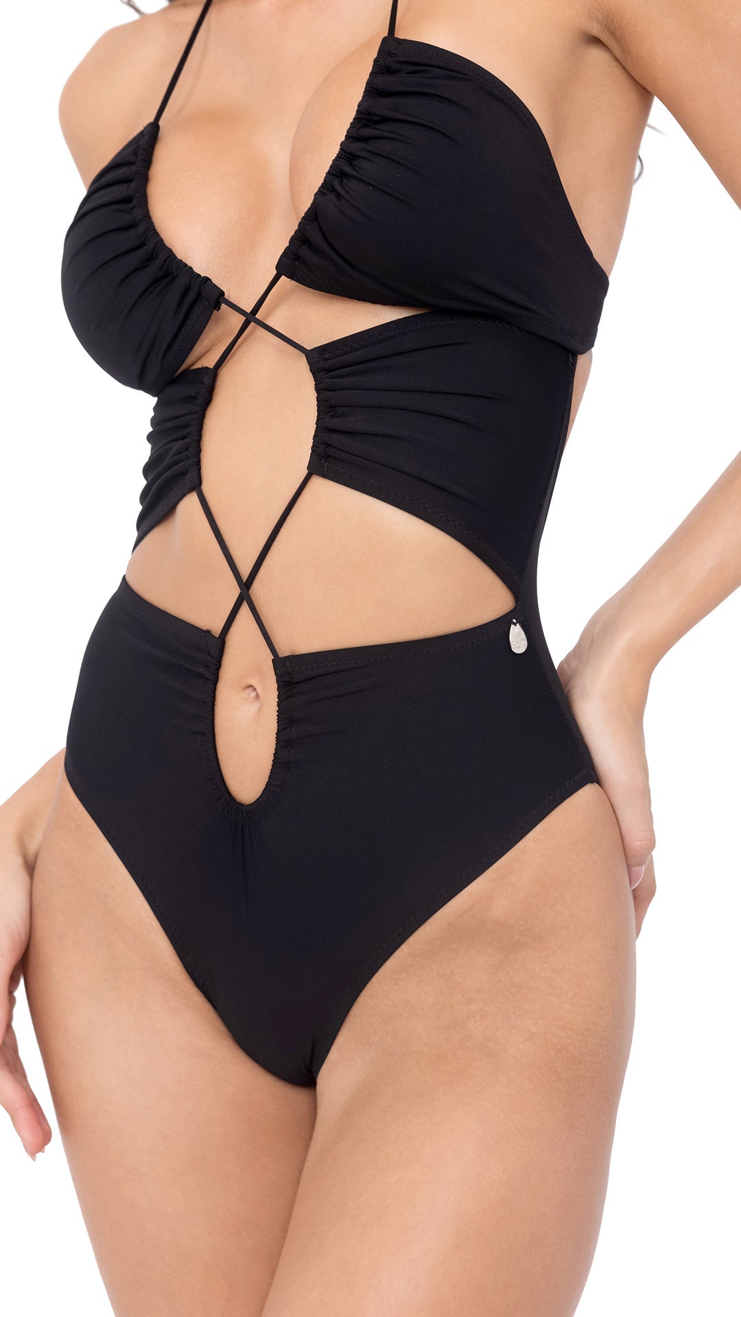 Black Plain Cut-Out Ruched Swimsuit by CAPRI LIFESTYLE