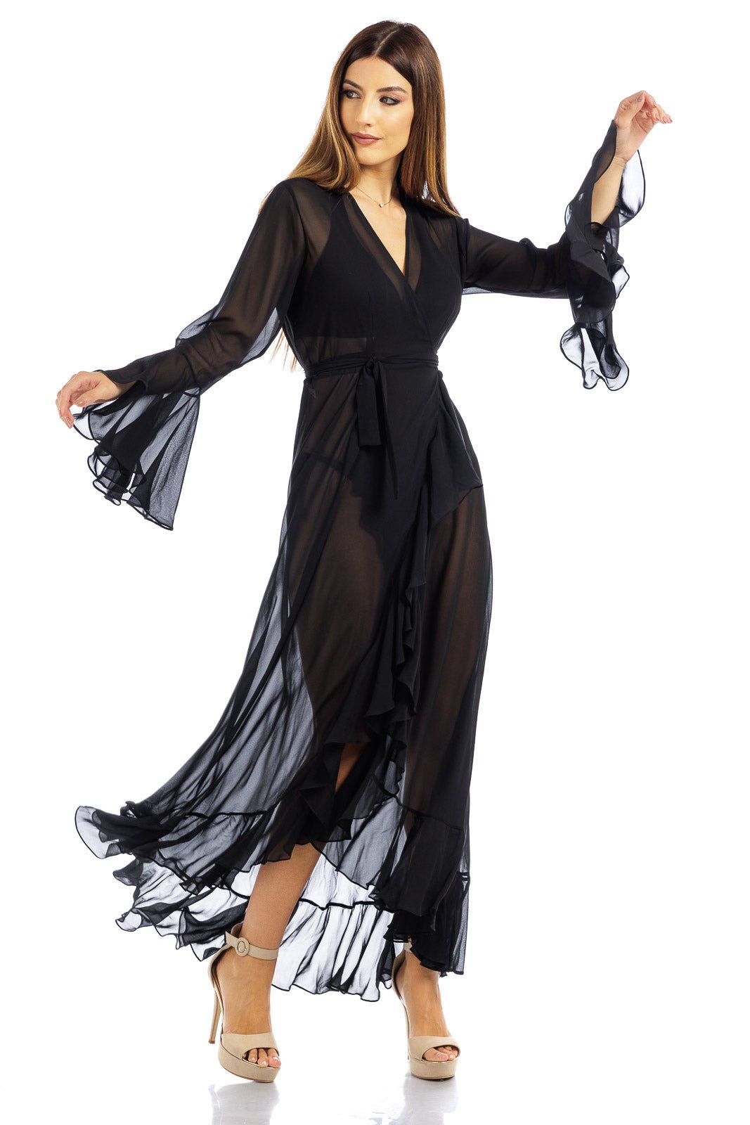 Black Plain Long Chiffon Wrap Around Dress - Dresses - by CAPRI LIFESTYLE