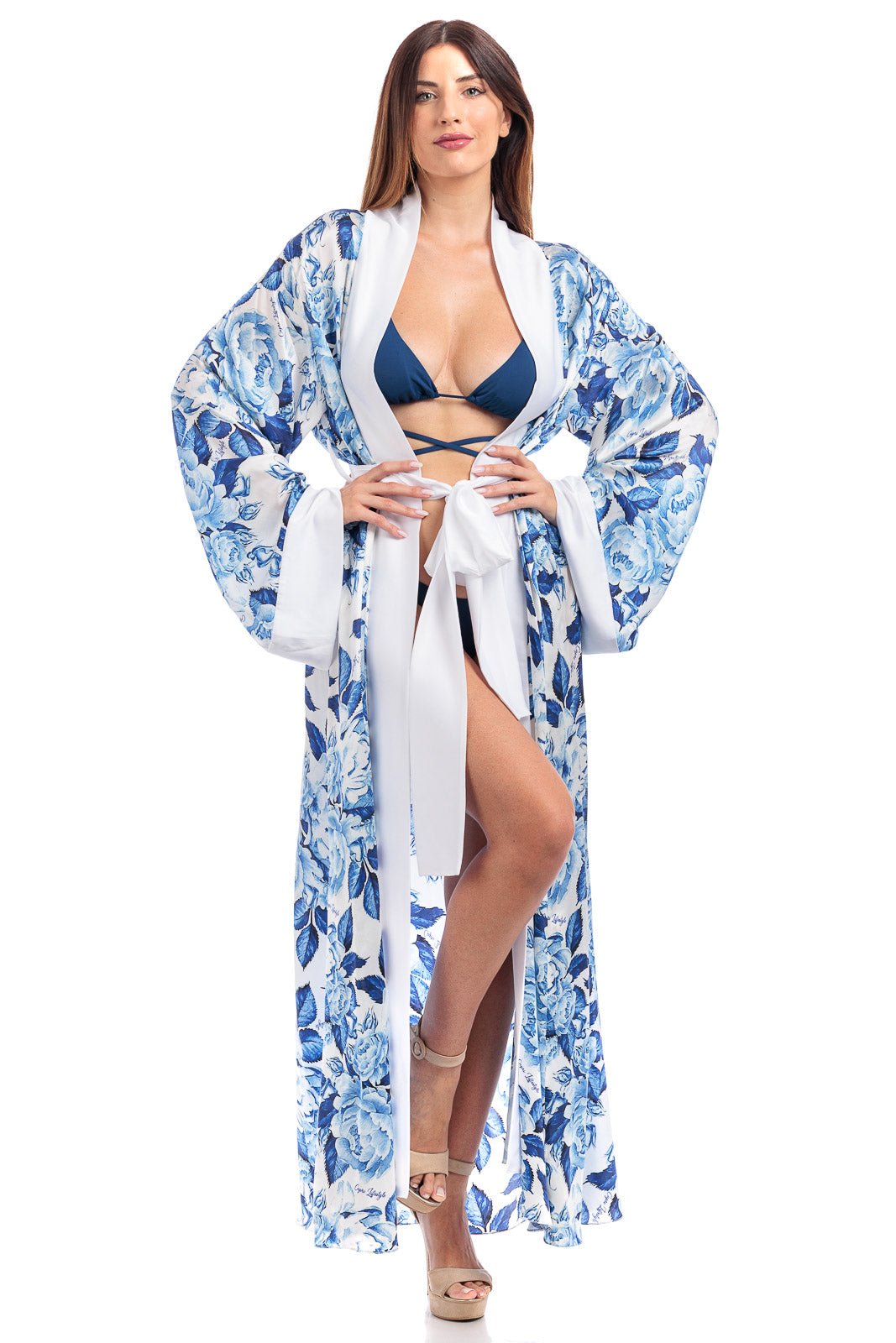 Blue Floral Pure Silk Fiori Robe in - Beach Collection by CAPRI LIFESTYLE