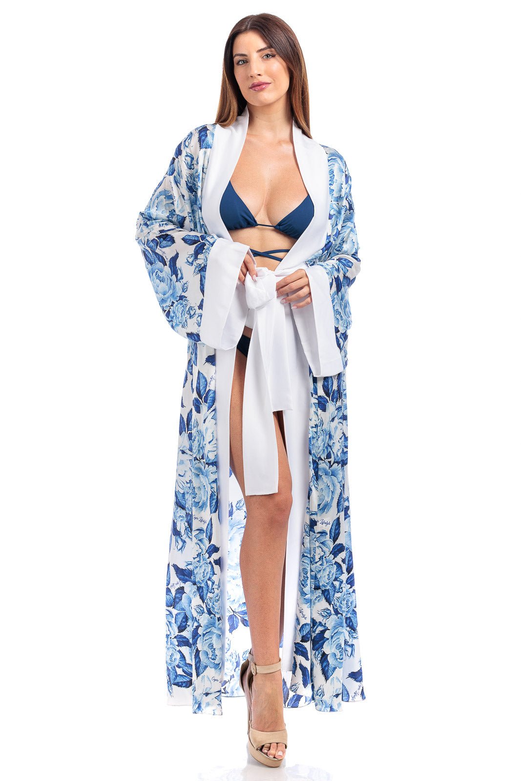 Blue Floral Pure Silk Fiori Robe in - Beach Collection by CAPRI LIFESTYLE