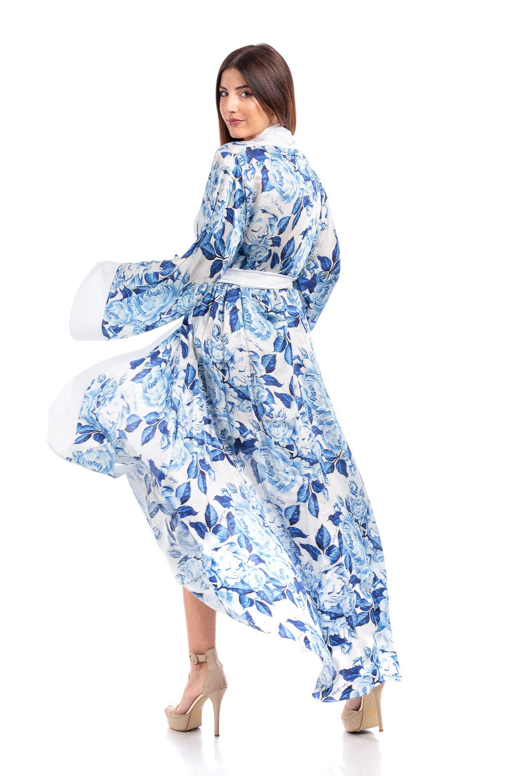 Blue Floral Pure Silk Fiori Robe in - Beach Collection by CAPRI LIFESTYLE