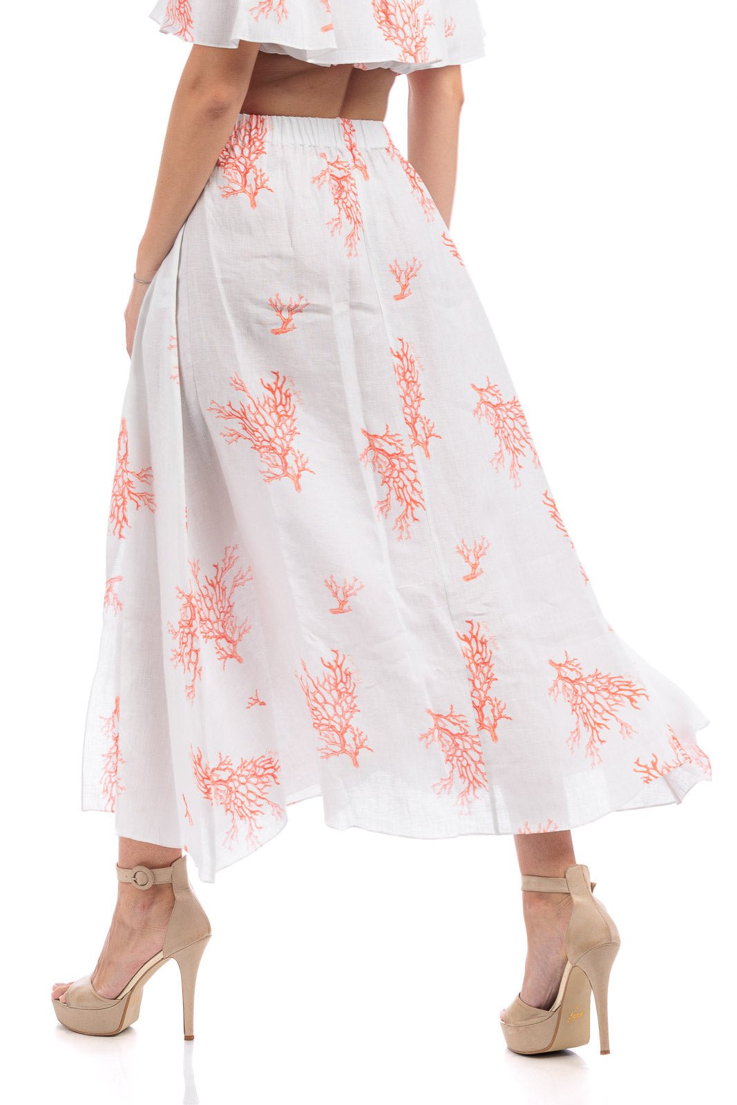 Coral Branch Print Linen Long Skirt - by CAPRI LIFESTYLE