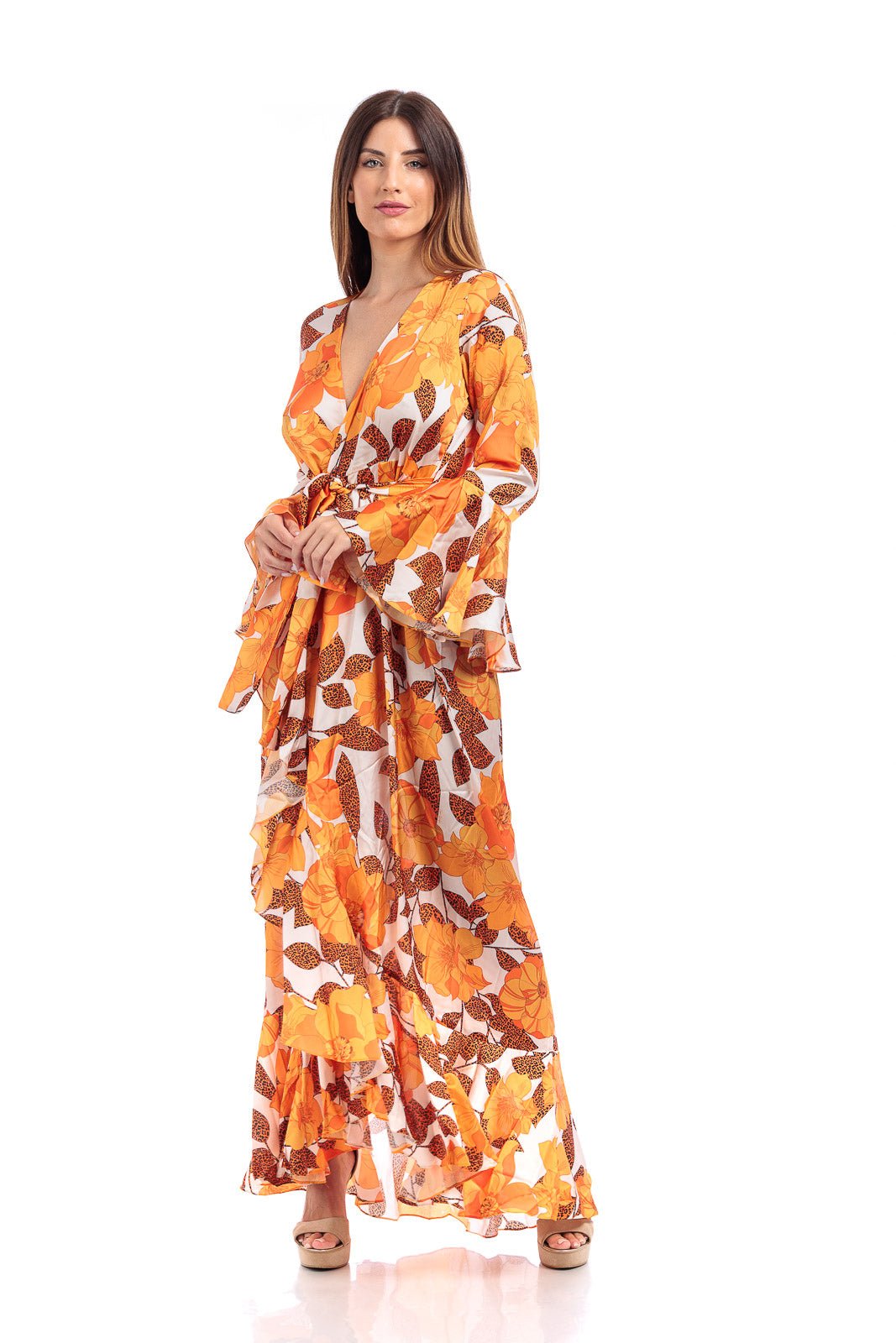 Floral Wrap Maxi Dress in Orange | Capri Lifestyle  CAPRI LIFESTYLE