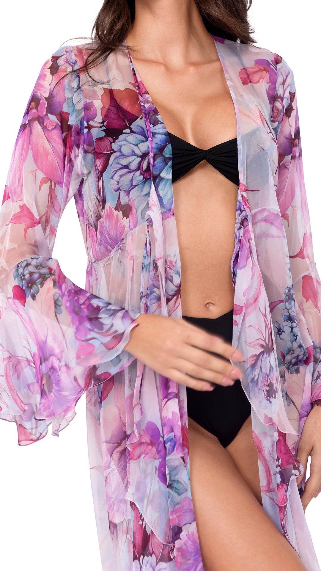 Flower Long Chiffon Robe with Long Sleeves