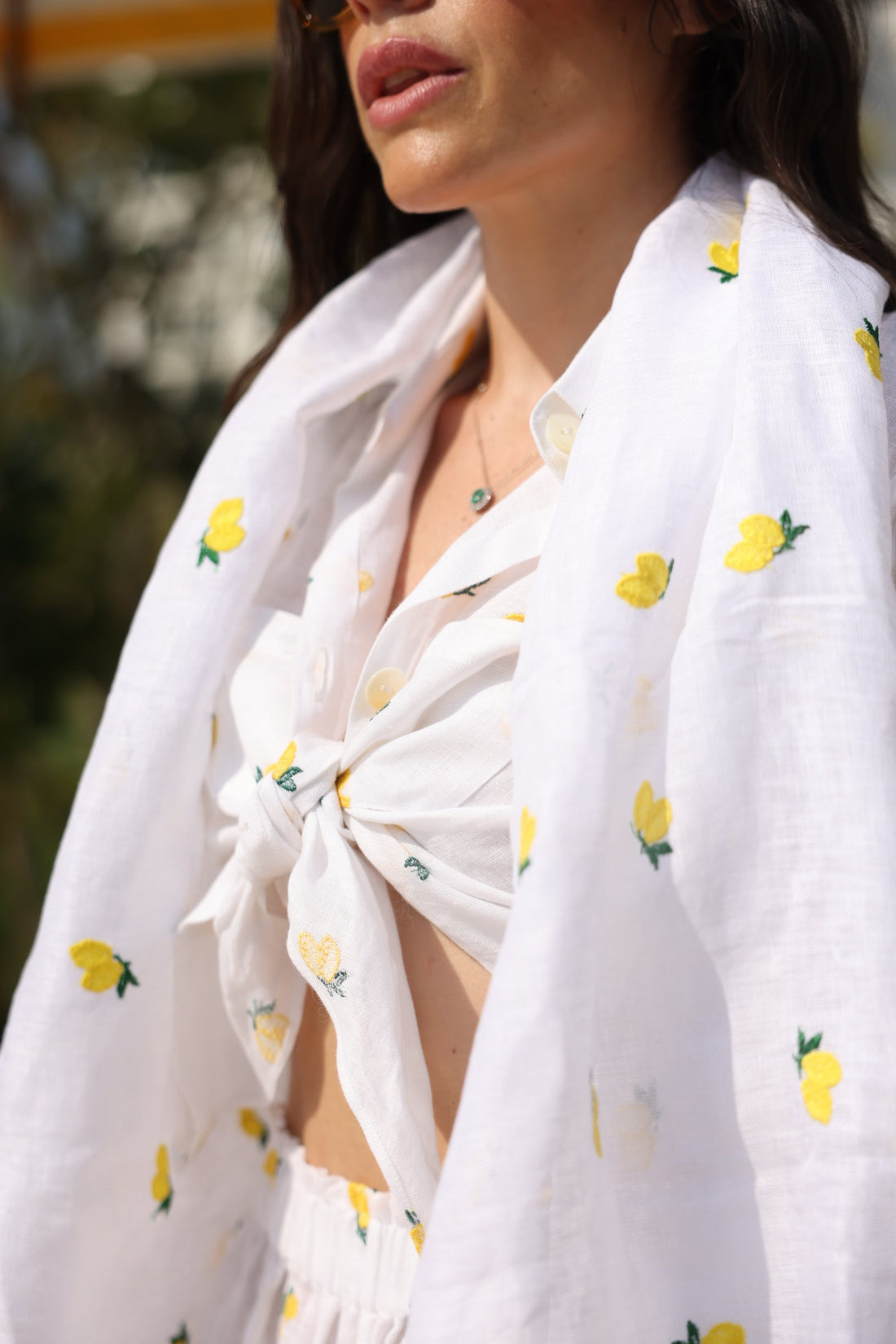 Lemon Embroider Linen Crop Blouse - by CAPRI LIFESTYLE