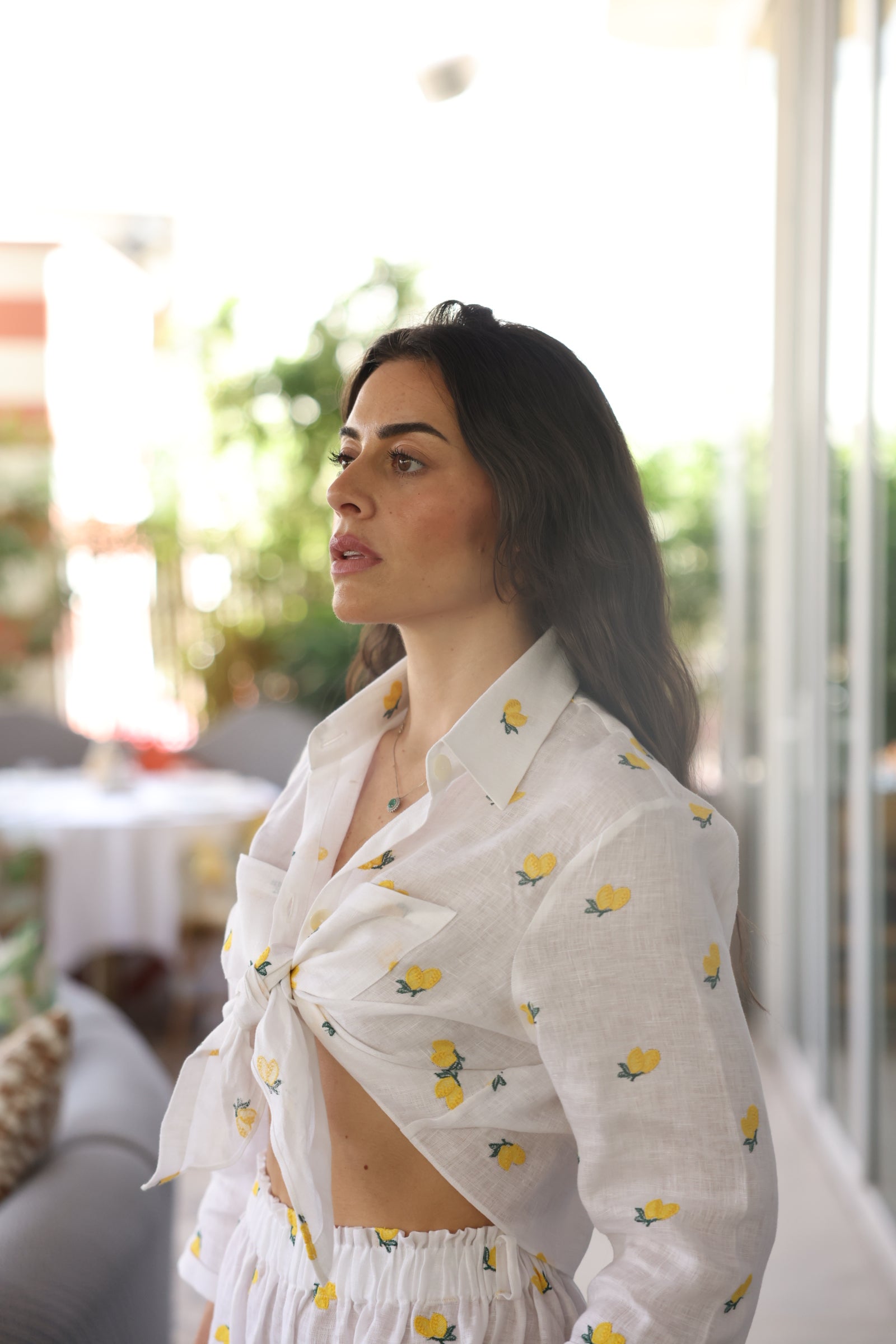 Lemon Embroider Linen Crop Blouse - by CAPRI LIFESTYLE