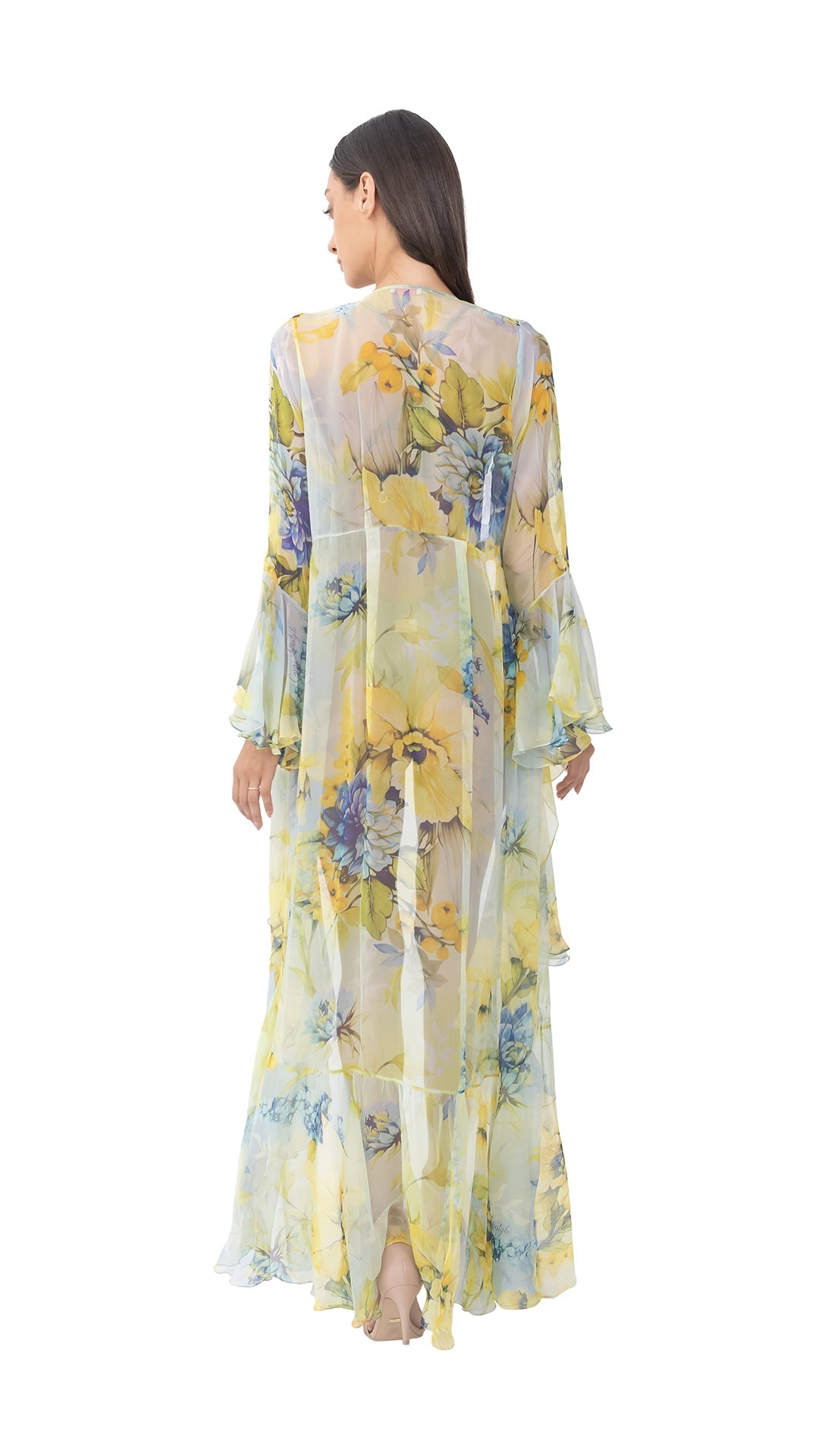 Lime Green Flower Long Chiffon Robe with Long Sleeves