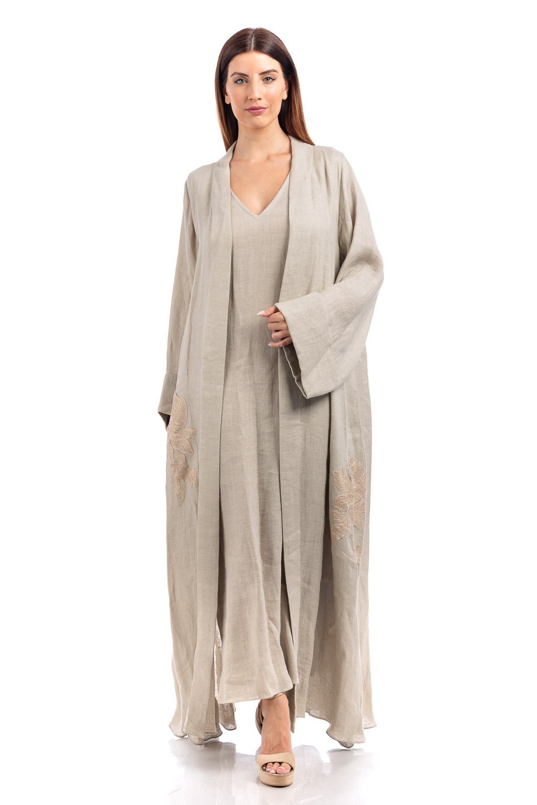 Linen Abaya With Flower Embroidery Details - by CAPRI LIFESTYLE