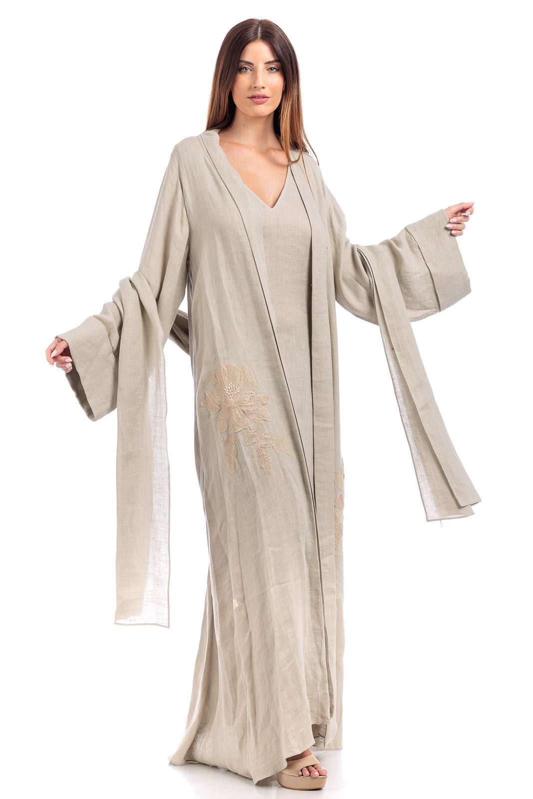 Linen Abaya With Flower Embroidery Details - by CAPRI LIFESTYLE