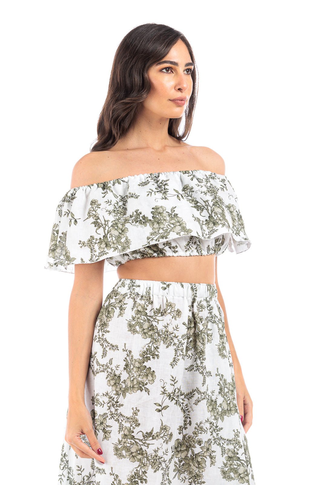 Linen Off-Shoulder Crop - Green