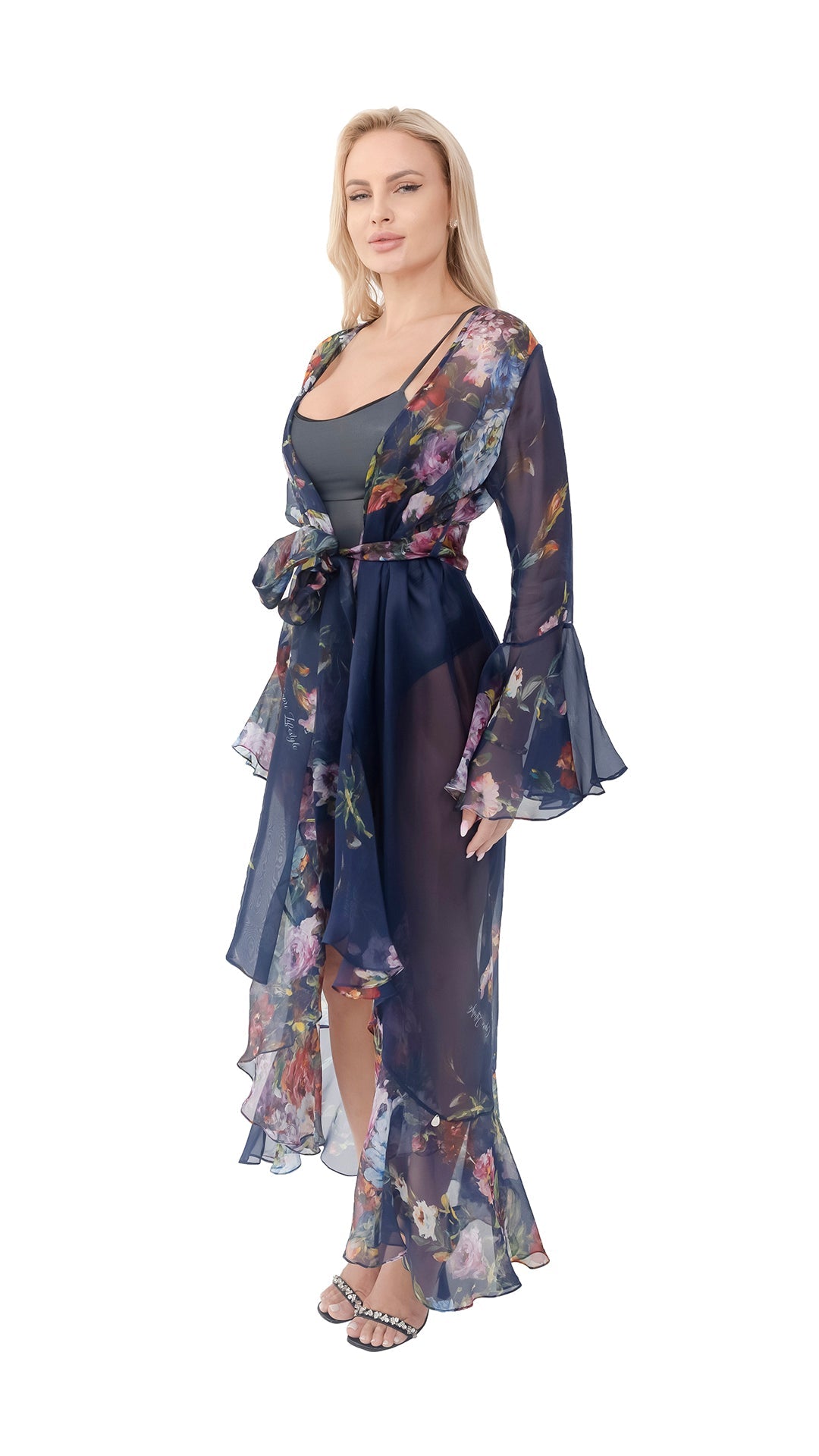 Navy Flower Organza Long Robe with Long Sleeves