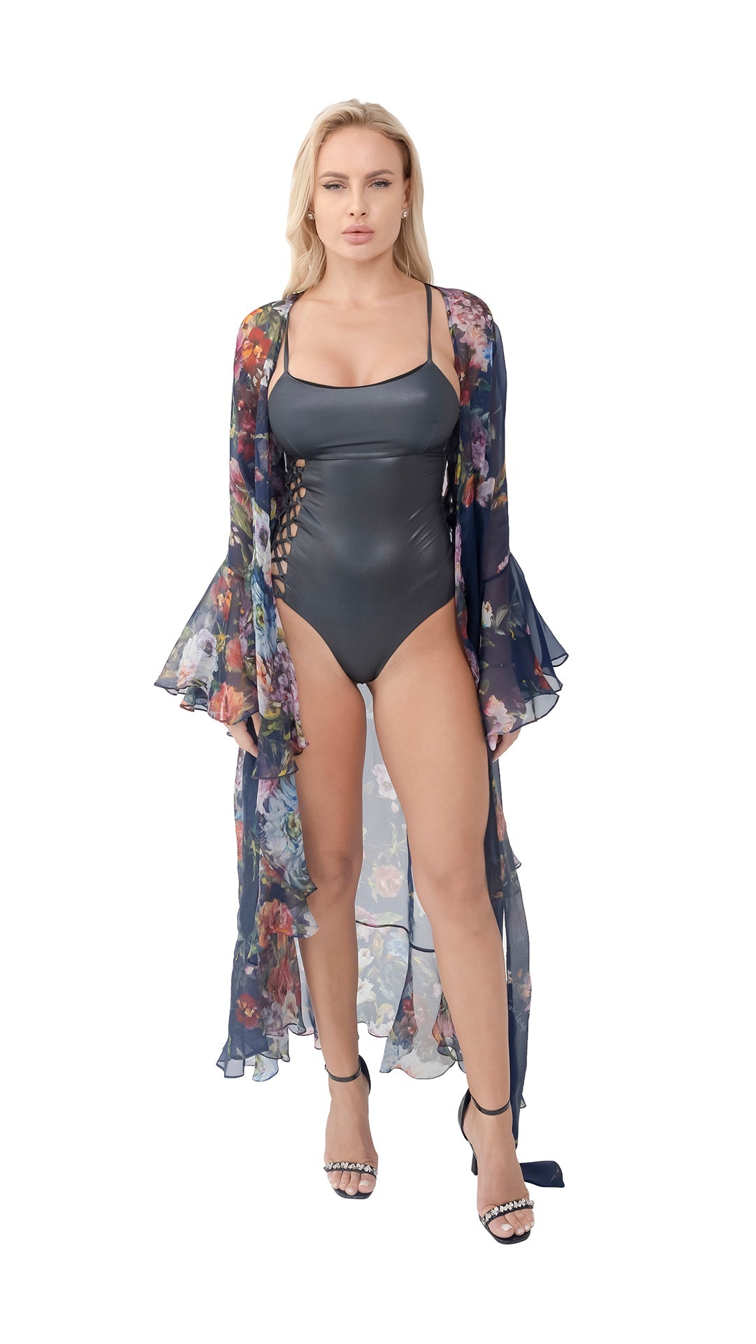 Navy Flower Organza Long Robe with Long Sleeves