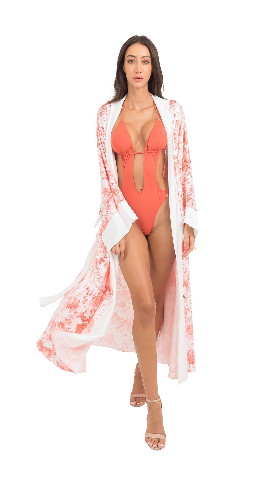 Orange Floral Pure Silk fiori Robe