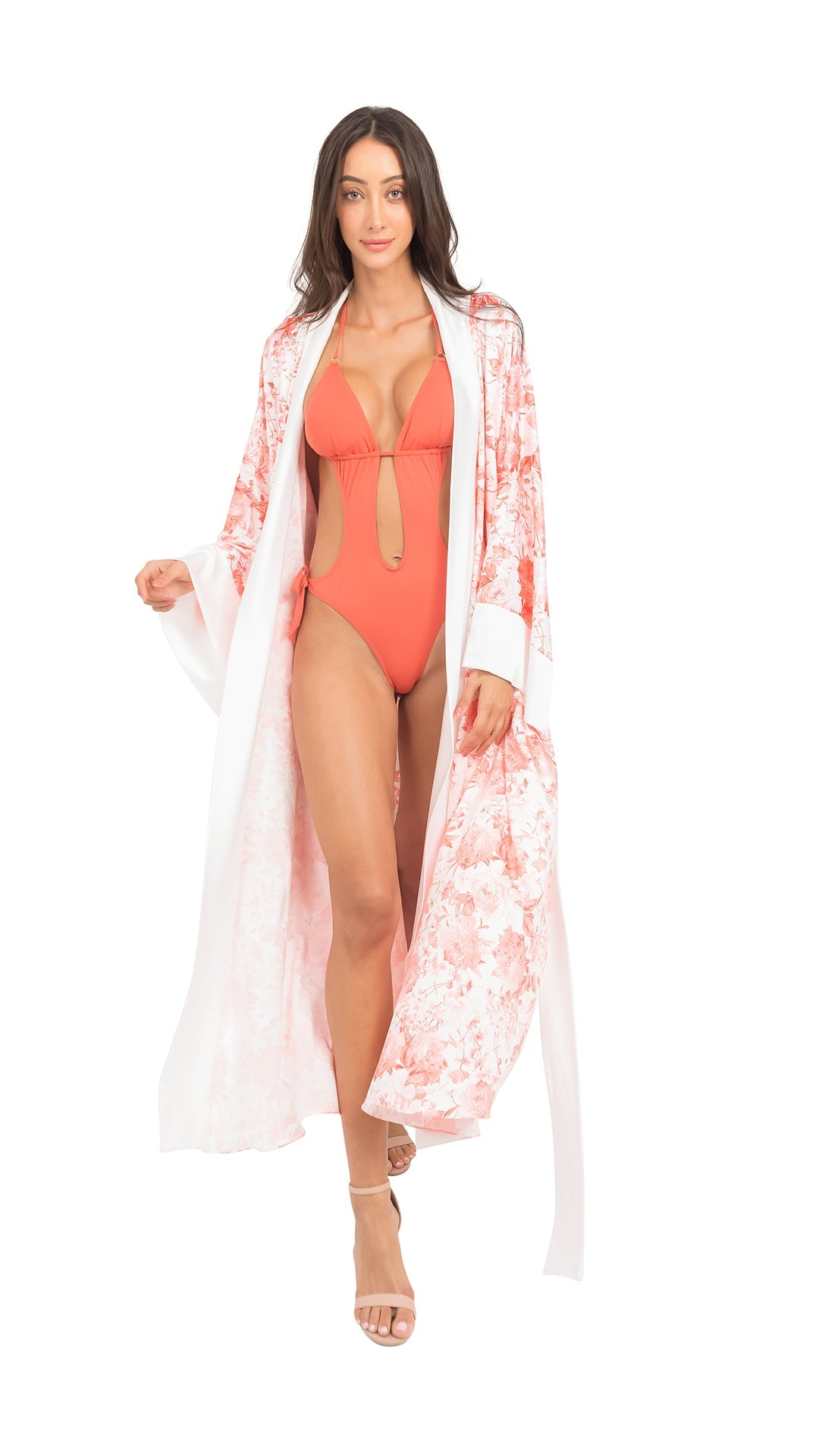 Orange Floral Pure Silk fiori Robe