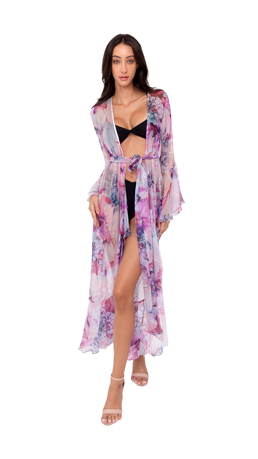 Purple Flower Long Chiffon Coverup with Long Sleeves
