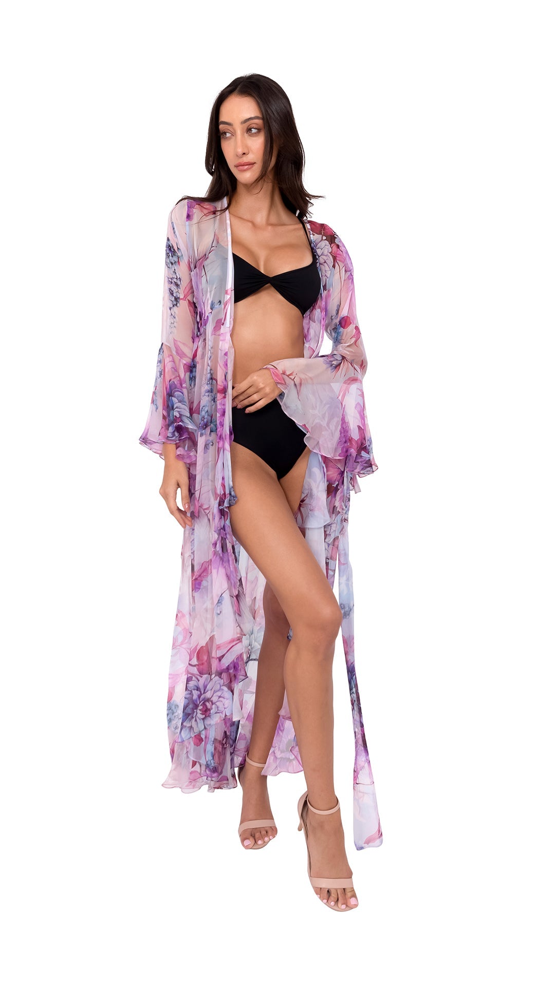 Purple Flower Long Chiffon Coverup with Long Sleeves