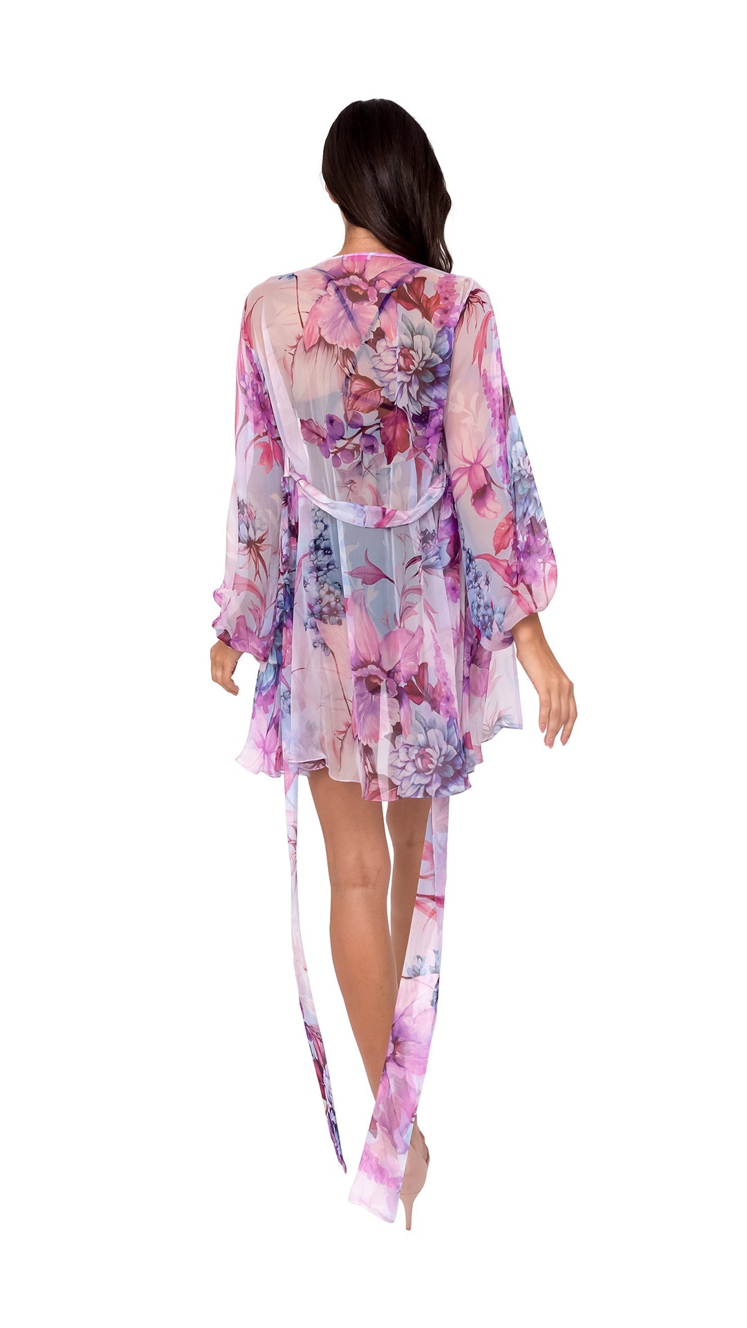 Purple Flower Short Chiffon Robe with Long Sleeves