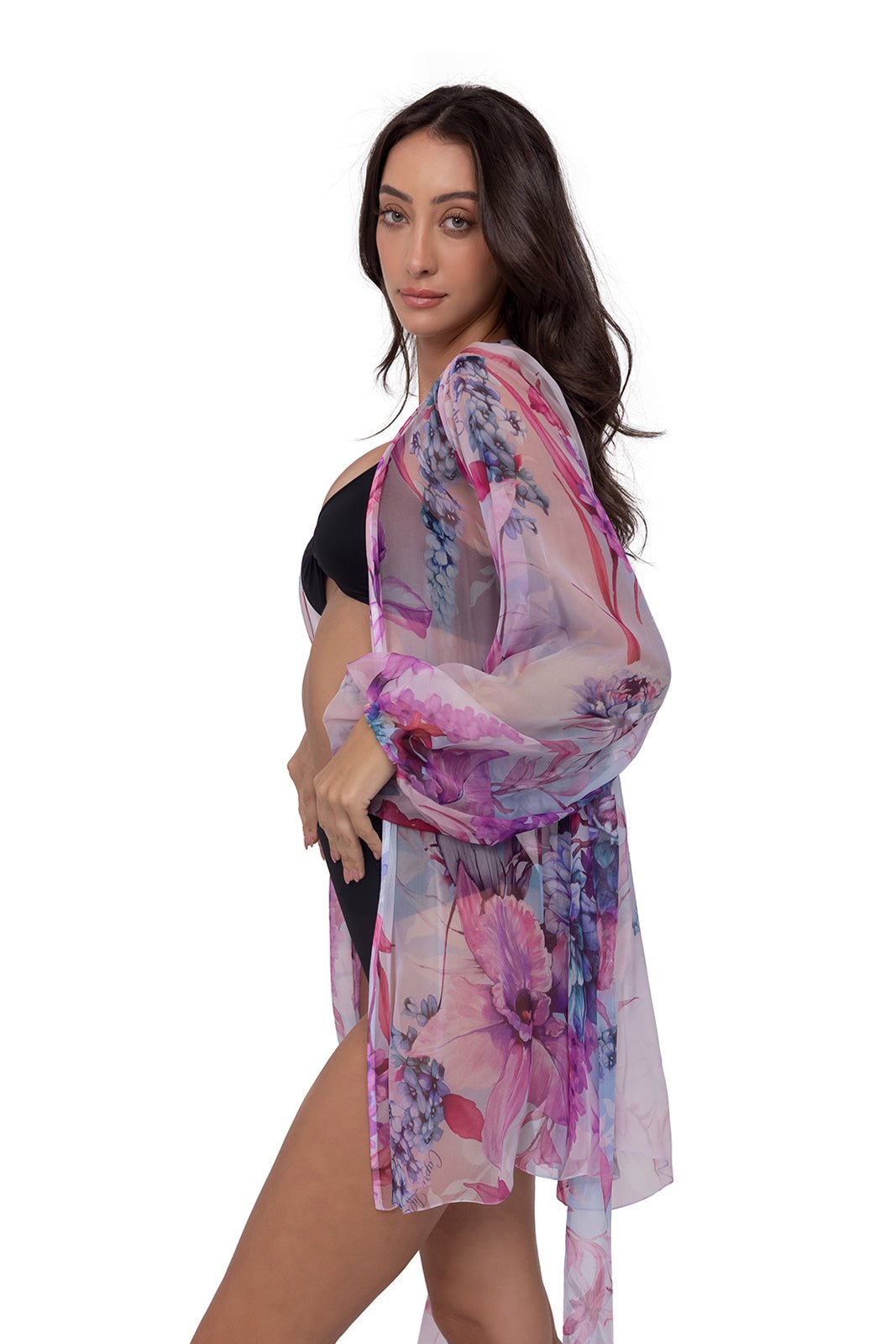 Purple Flower Short Chiffon Robe with Long Sleeves