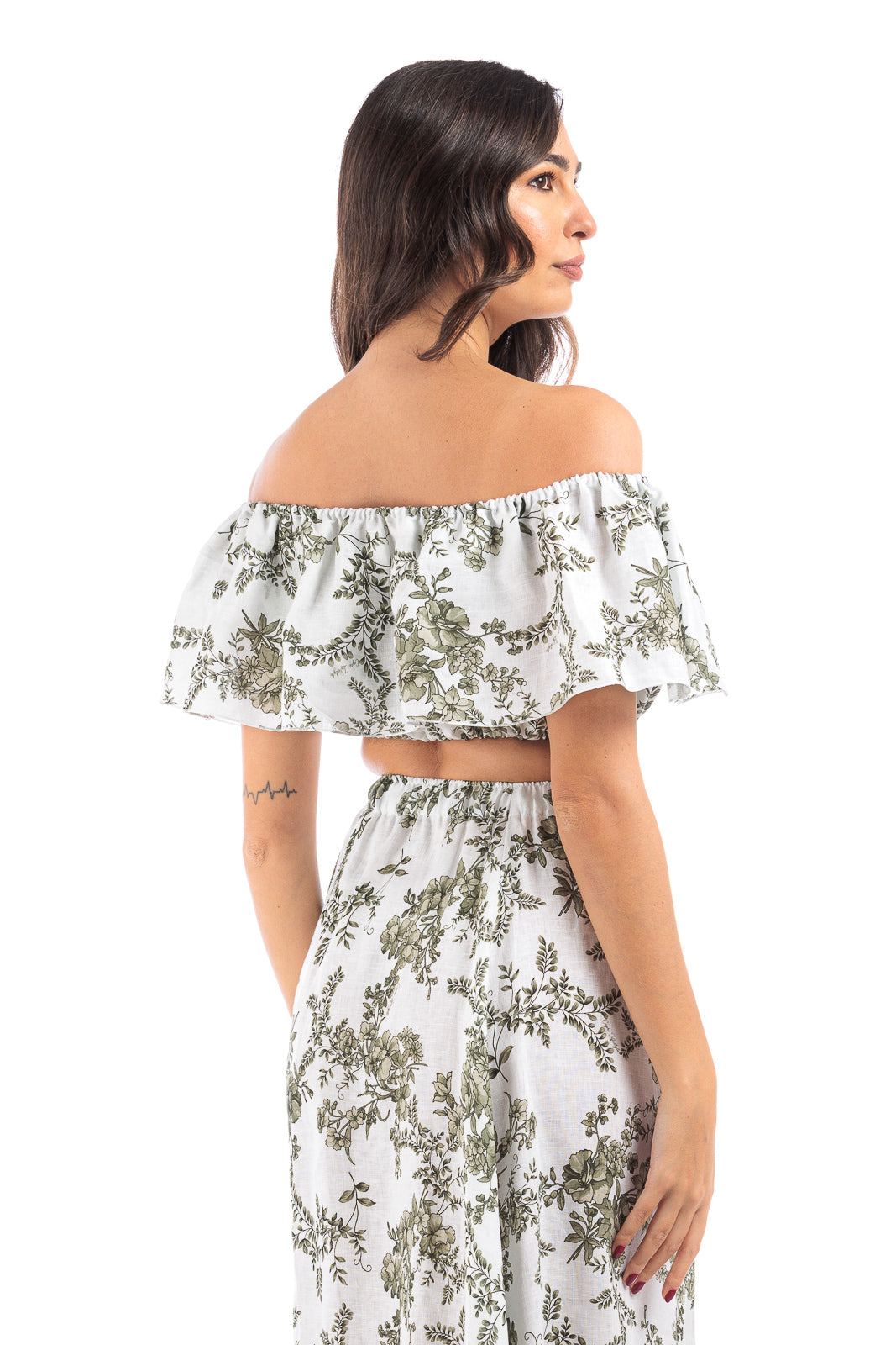 Linen Off-Shoulder Crop - Green