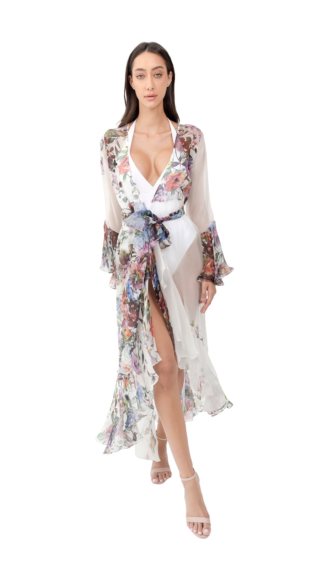 White Flower Organza Long Robe with Long Sleeves