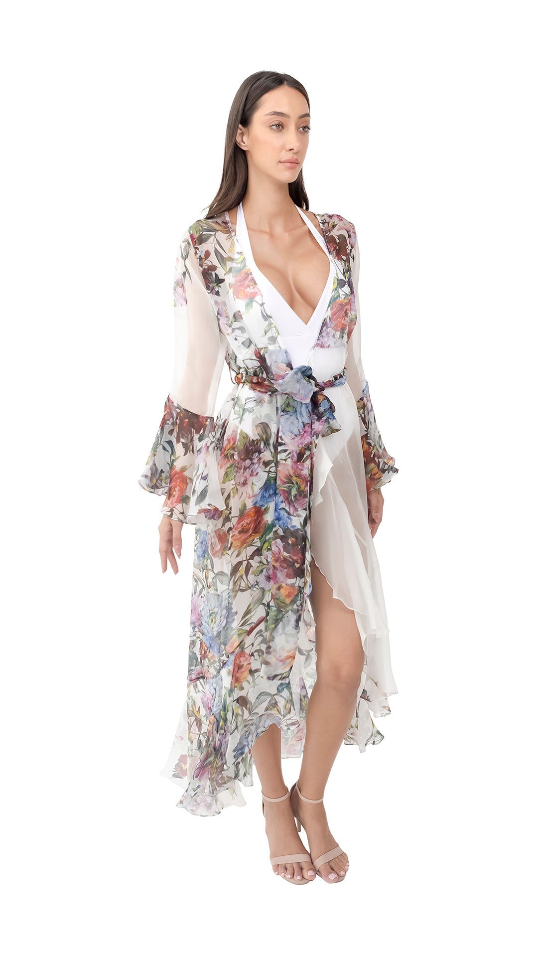 White Flower Organza Long Robe with Long Sleeves