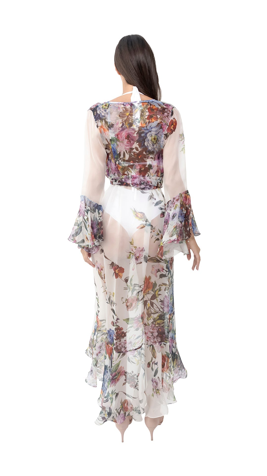 White Flower Organza Long Robe with Long Sleeves